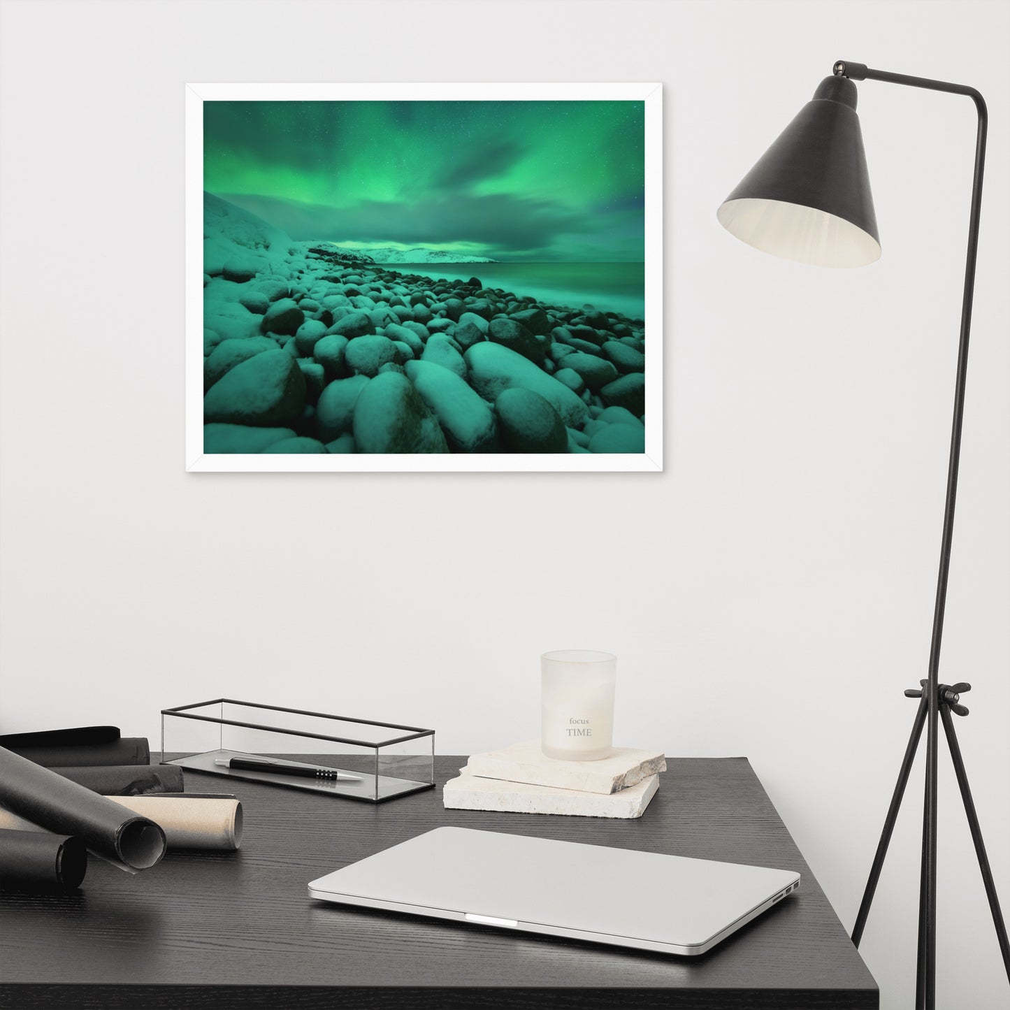 Workout Room Artwork: Aurora Borealis Over Ocean in Teriberka Night - Coastal / Beach / Seascape / Nature / Landscape Photo Framed Wall Art Print - Artwork