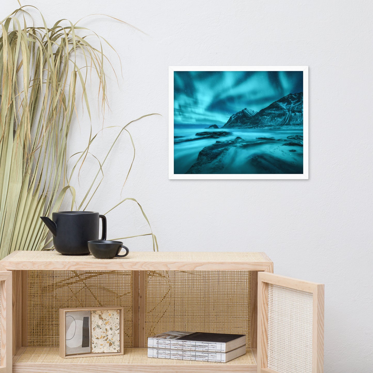 Blue Northern Lights and Mountain Coast Framed Wall Art Prints