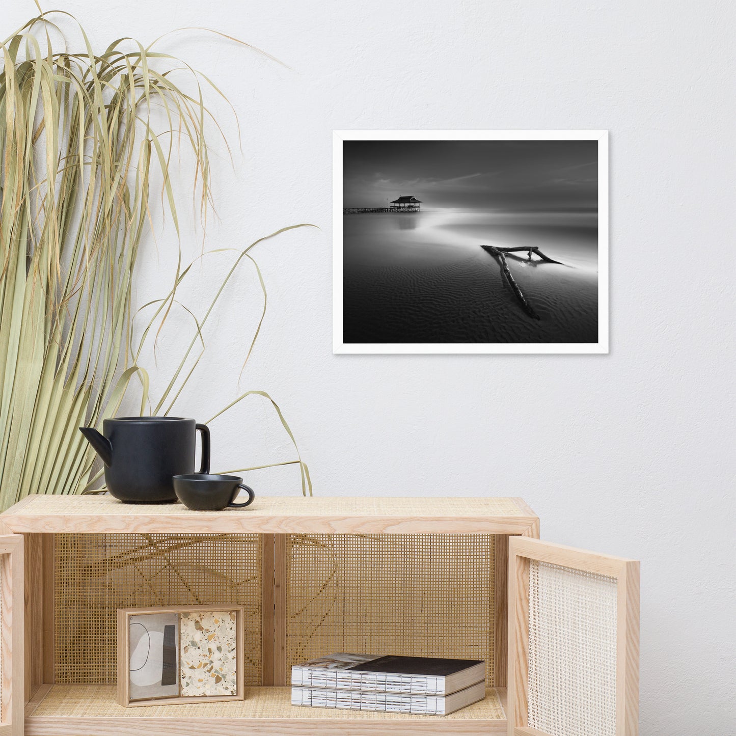 Dramatic Beach with Driftwood Black and White Framed Wall Art Prints