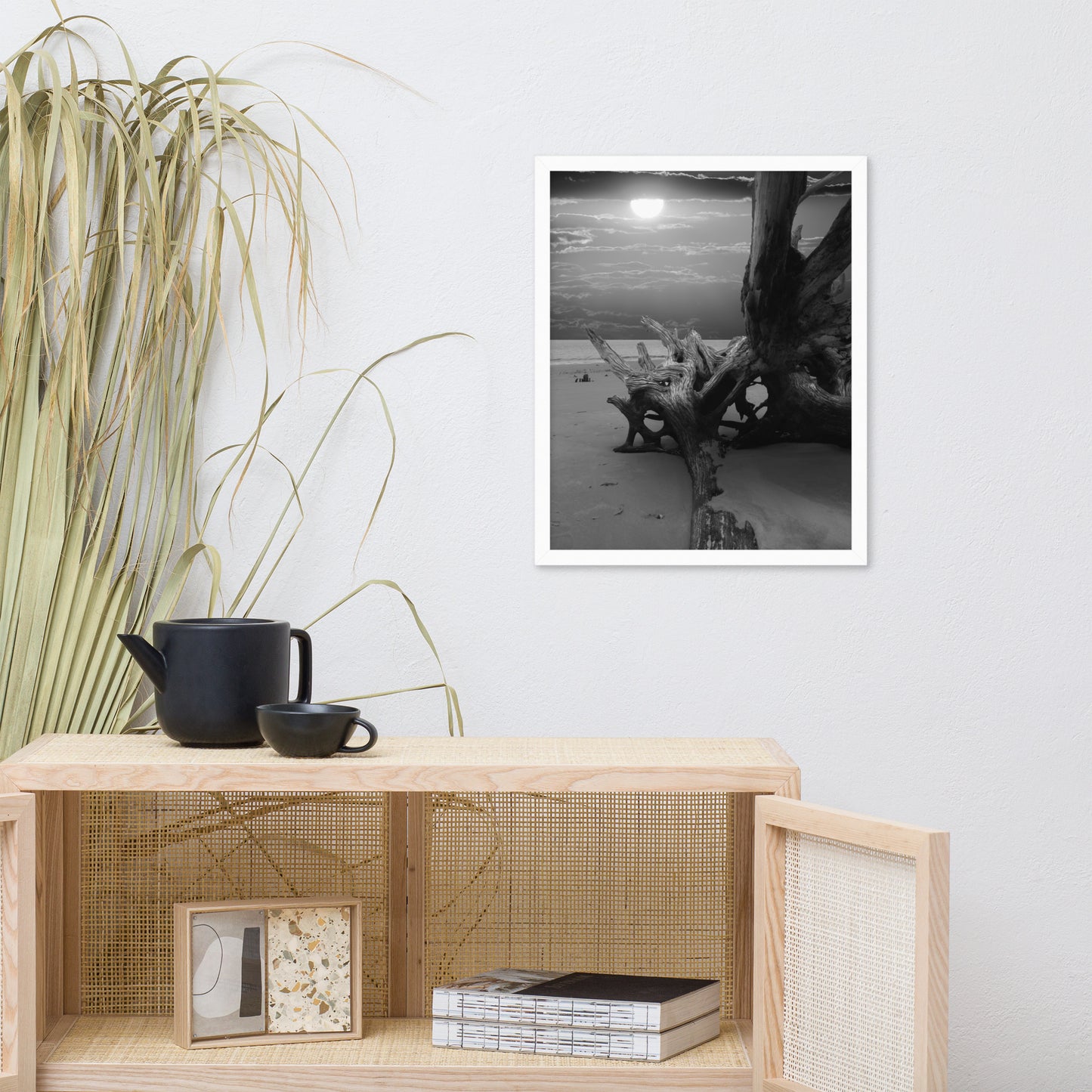 Dried Tree Roots and Sunrise 2 Black and White Landscape Photo Framed Wall Art Print