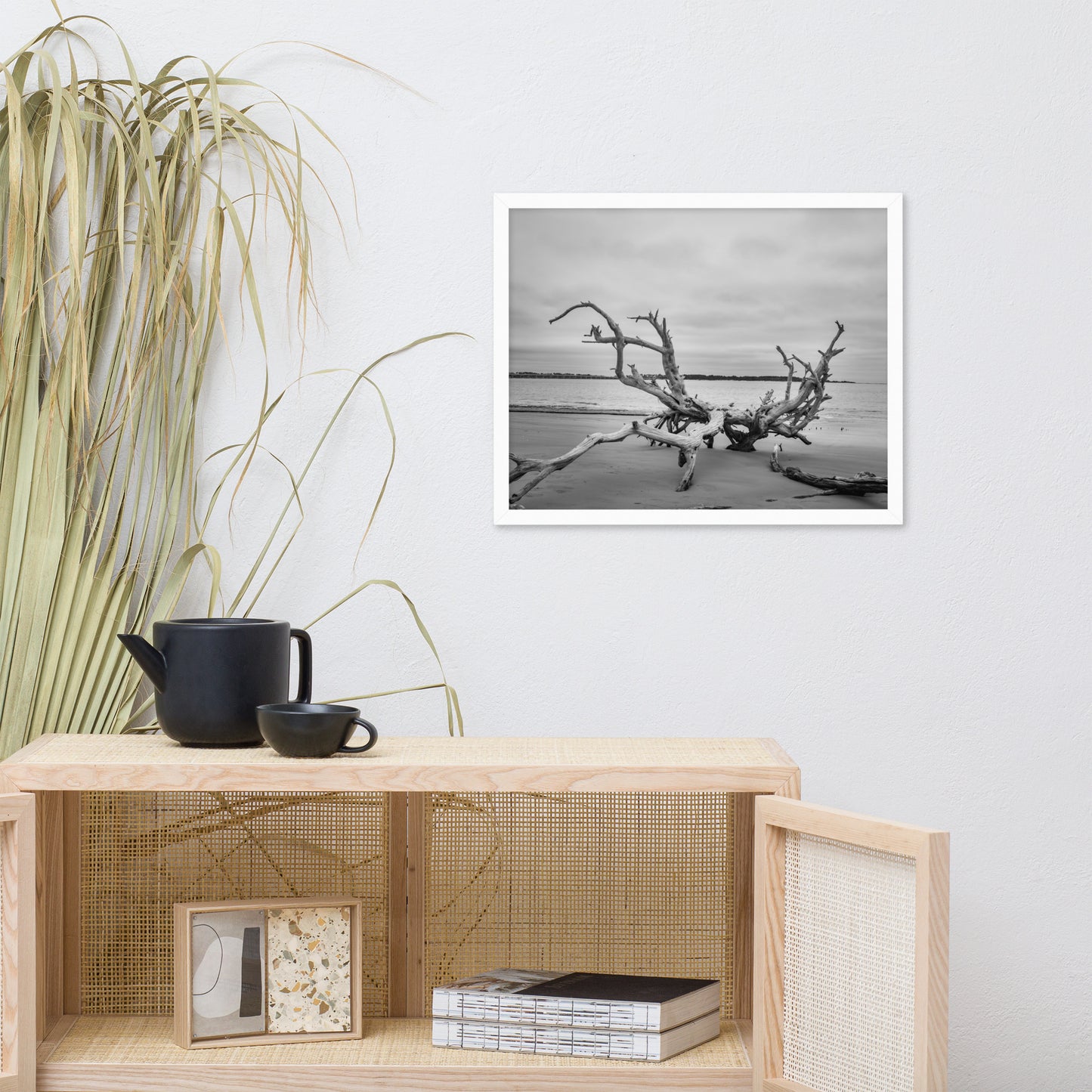 Driftwood on Boneyard Beach Florida 3 Black and White Rustic Coastal Landscape Photo Framed Wall Art Print