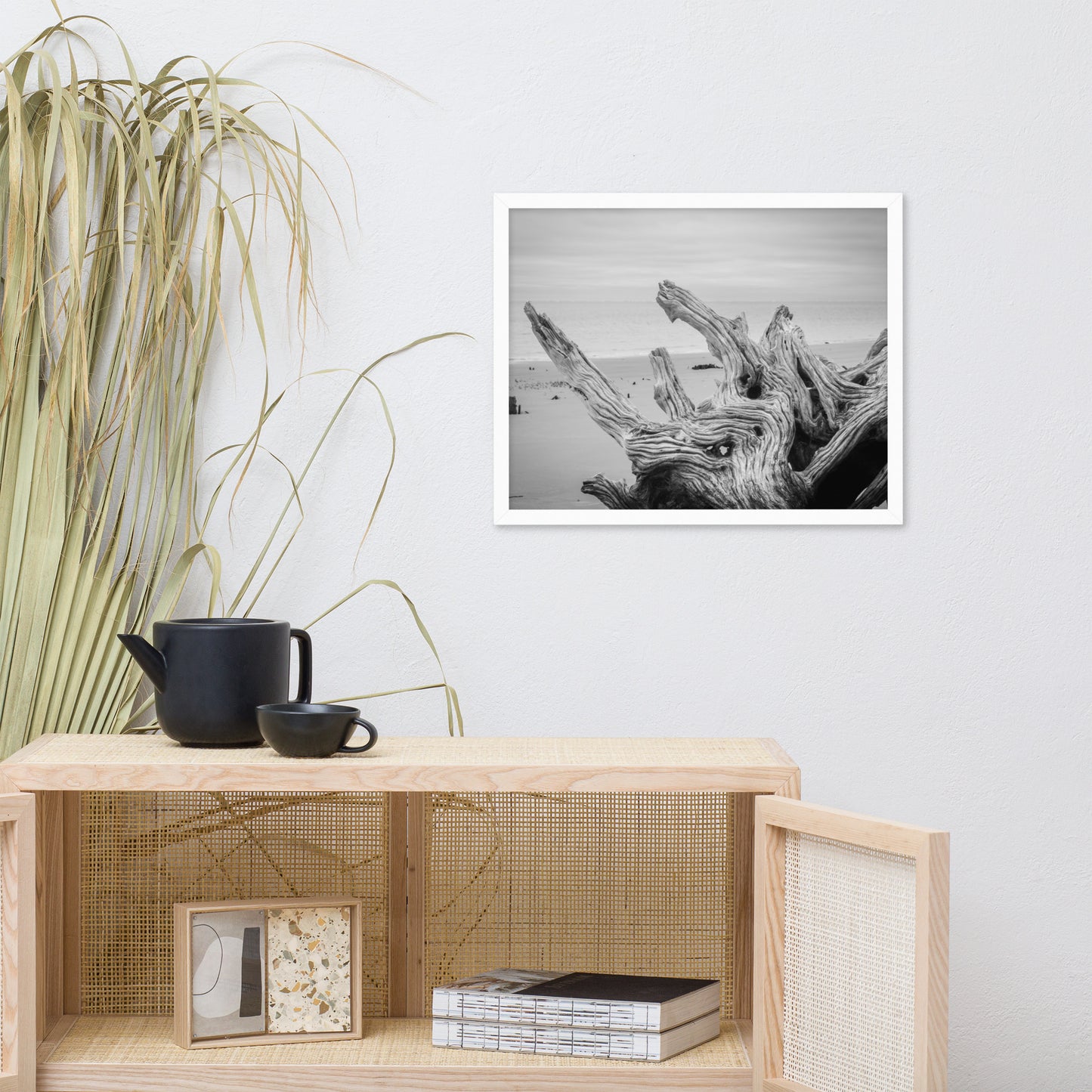 Driftwood on Boneyard Beach Florida 4 Black and White Coastal Landscape Photo Framed Wall Art Print