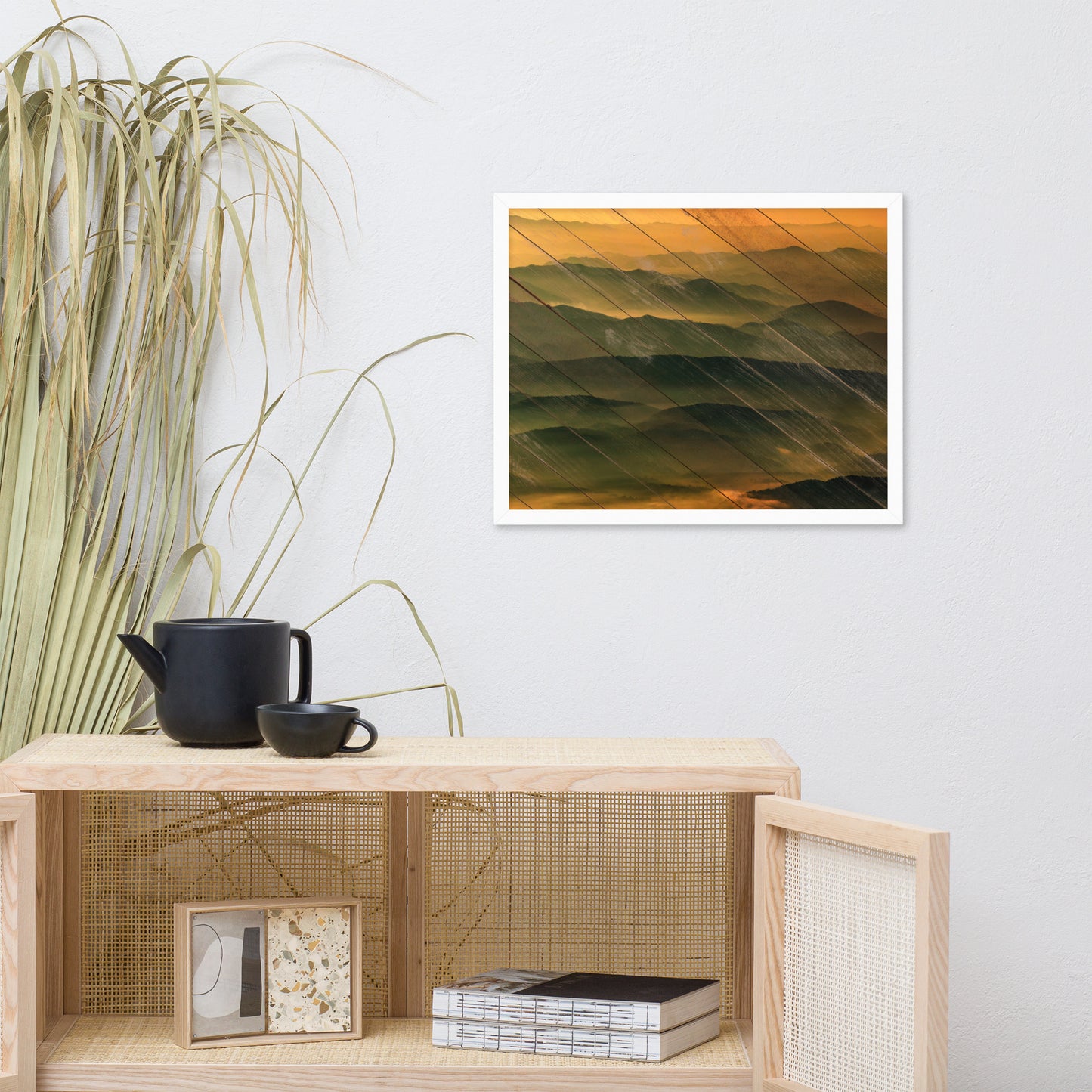 Faux Wood Foggy Mountain Layers at Sunset Landscape Framed Photo Paper Wall Art Prints