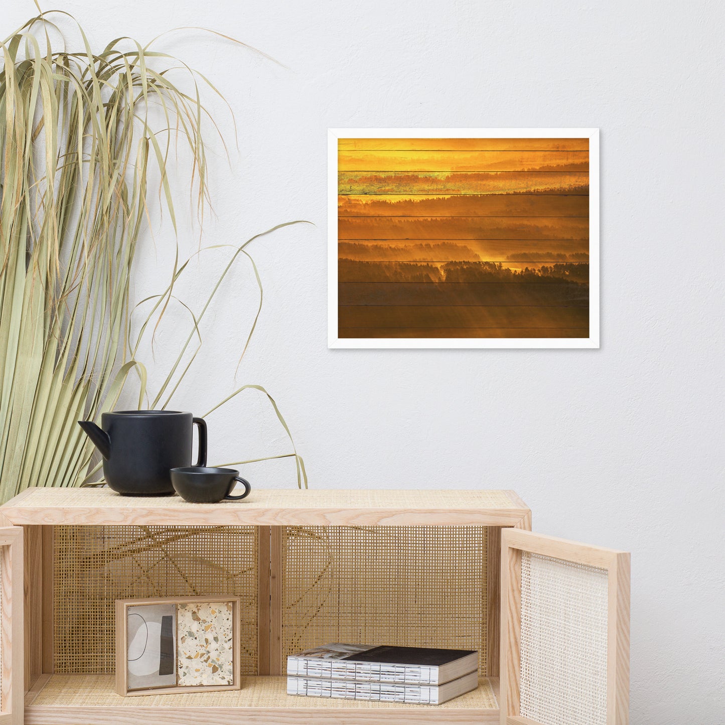 Faux Wood Golden Mist Valley - Hills & Mountain Range Framed Photo Wall Art Prints