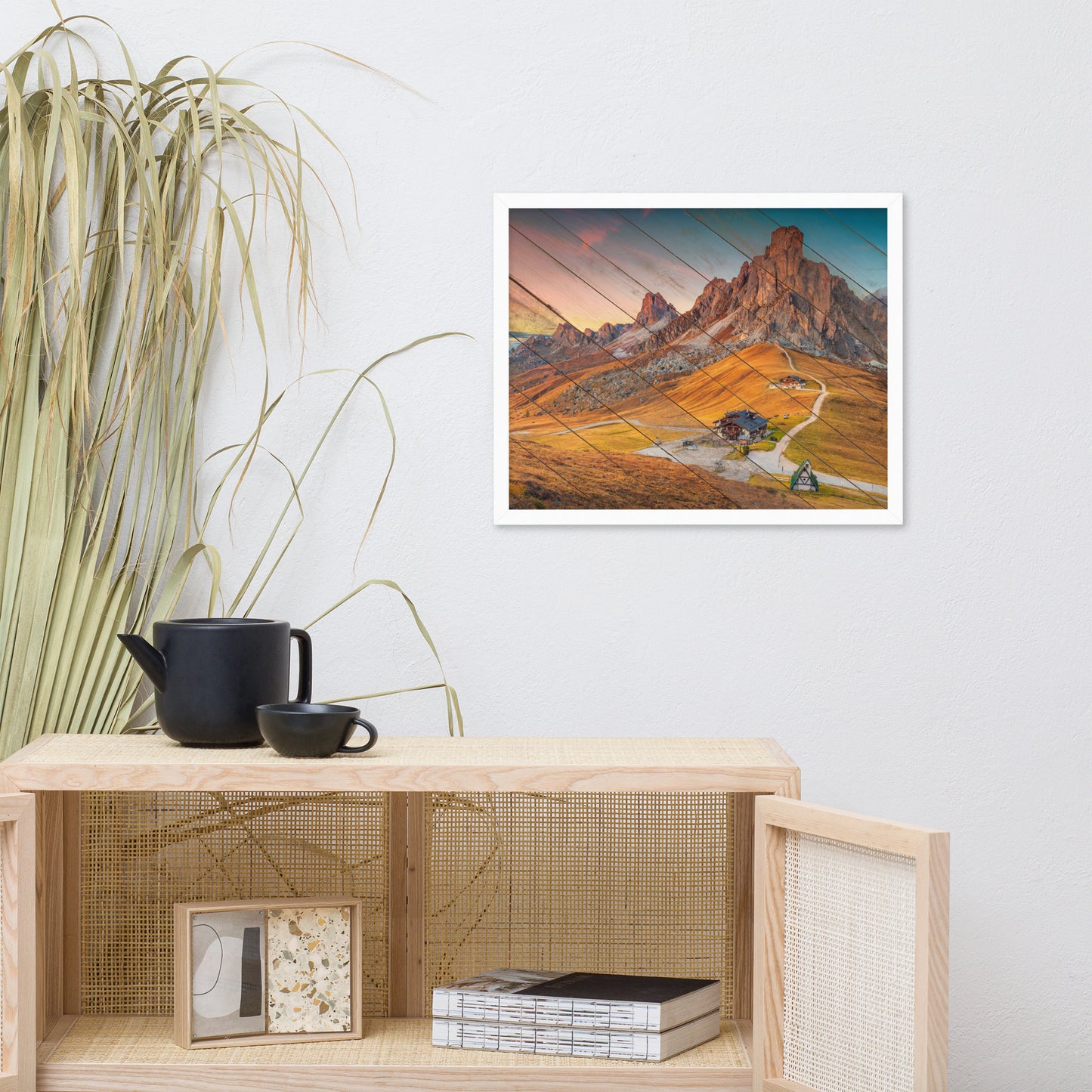 Faux Wood Majestic Sunset & Alpine Mountain Framed Photo Paper Wall Art Prints