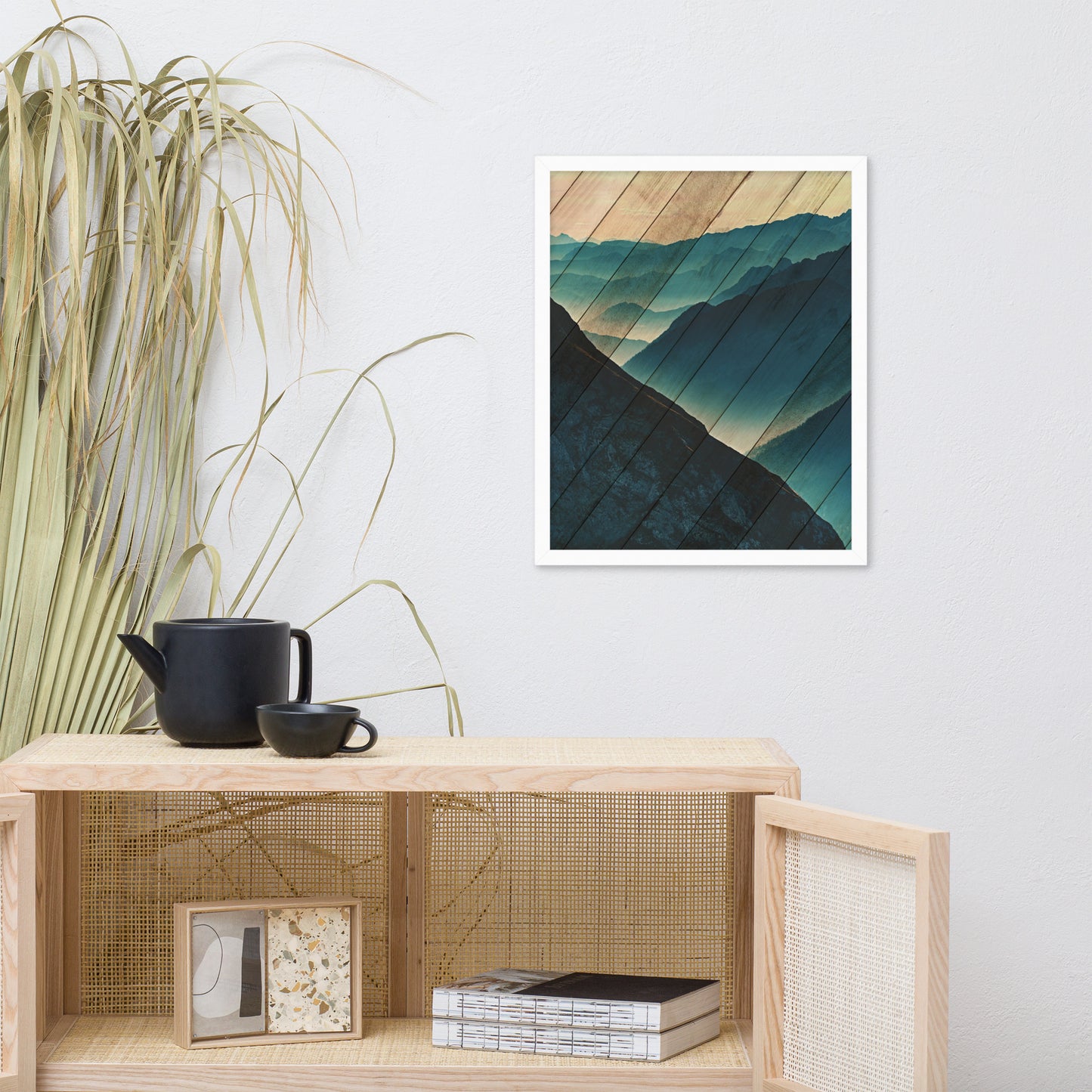 Faux Wood Misty Blue Silhouette Mountain Range Landscape Framed Photo Paper Wall Art Prints