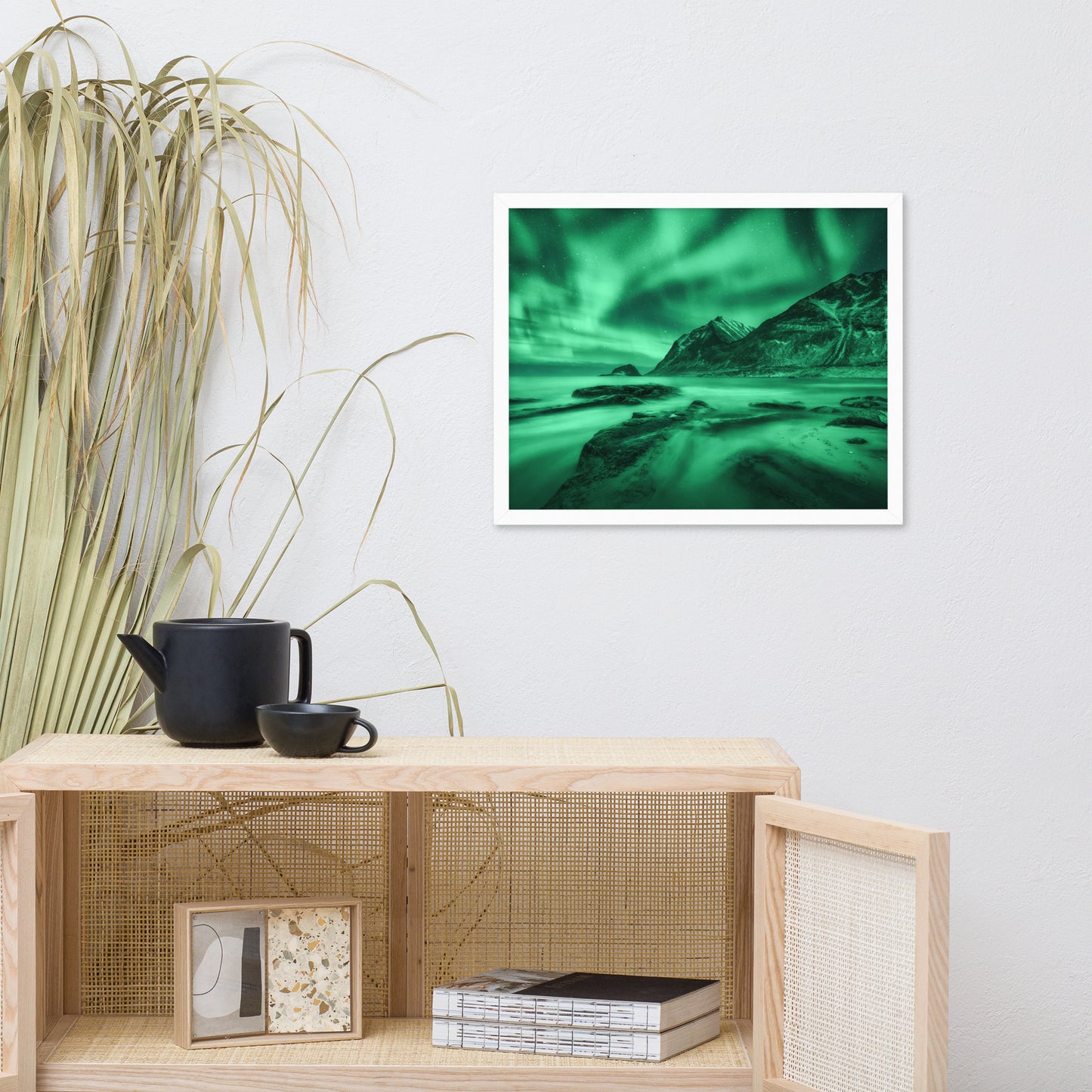 Green Northern Lights and Mountain Coast Framed Wall Art Prints