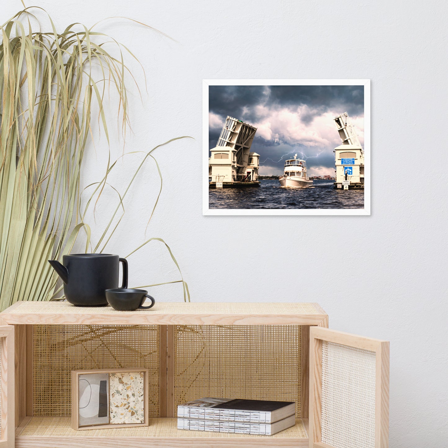 Stormy Drawbridge and Boat Racing Towards the Sun Coastal Landscape Photograph Framed Wall Art Print