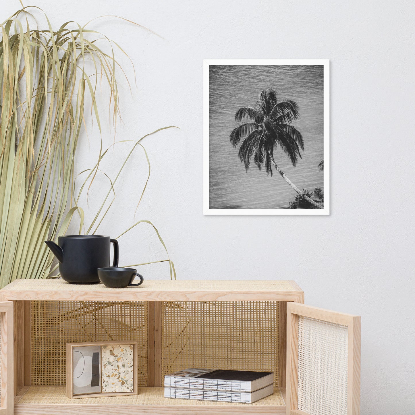Palm Over Water Black and White Botanical Nature Photo Framed Wall Art Print