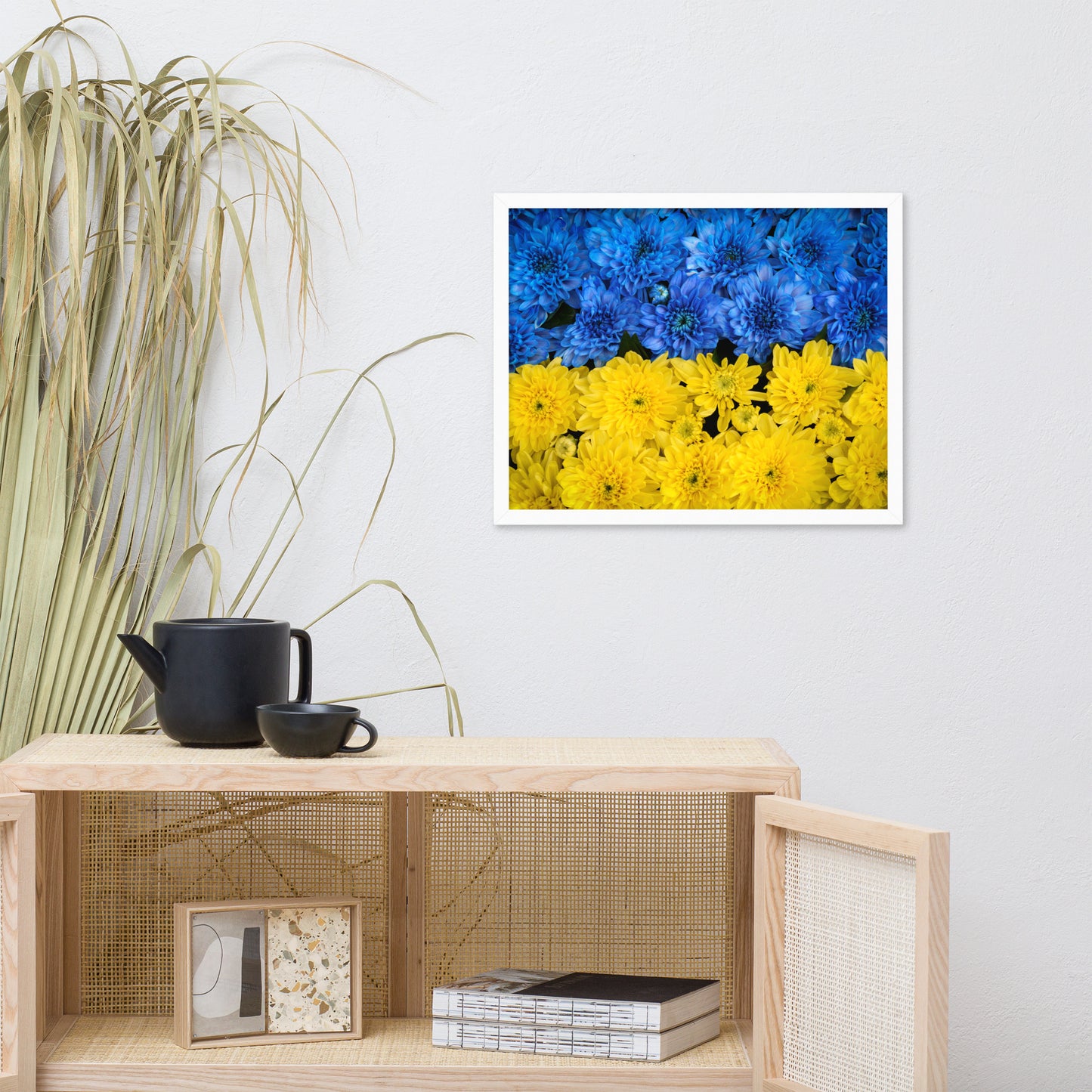 Blue and Yellow Chrysanthemums For Ukraine Refugees Nature Photo Framed Wall Art Print