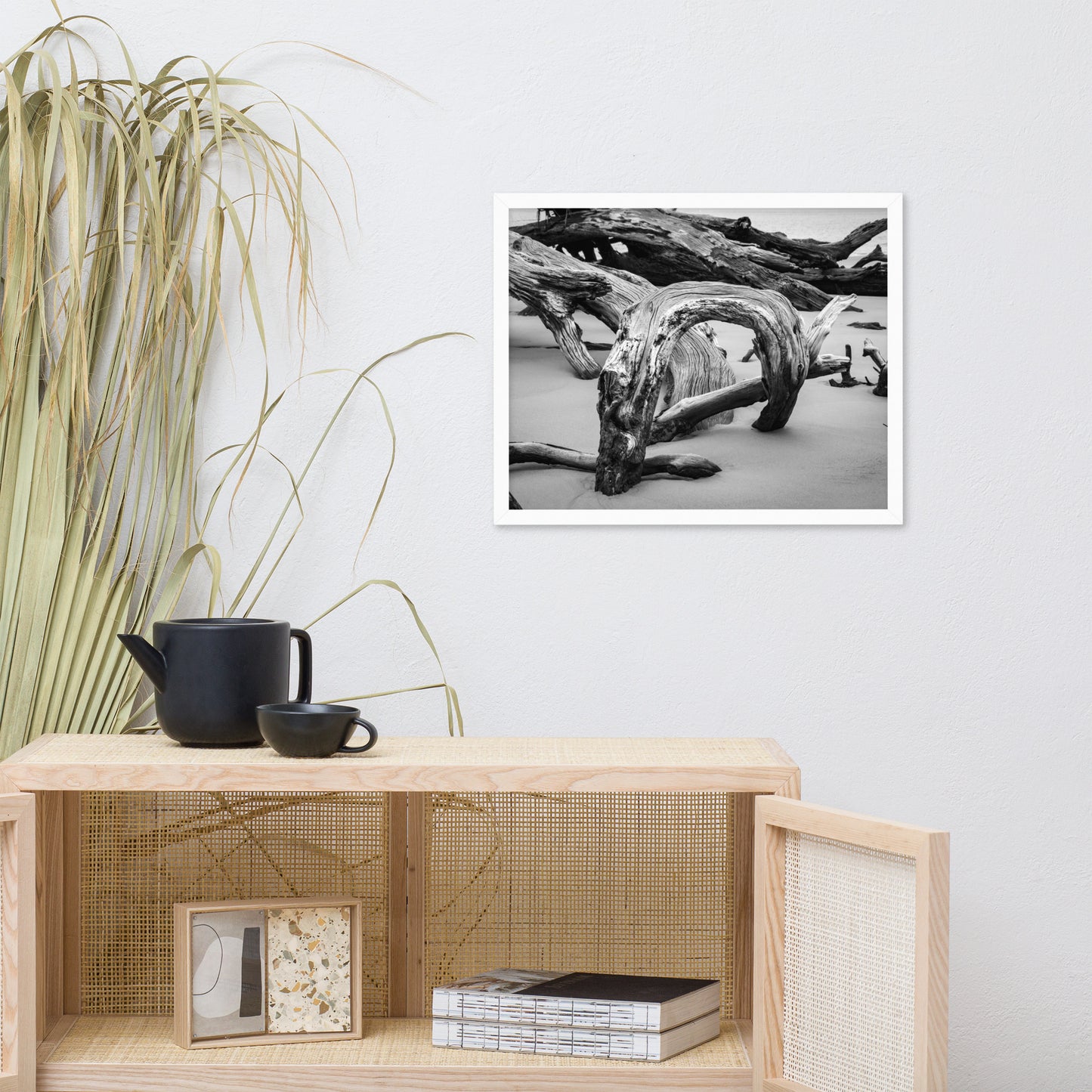 Dead Tree Boneyard Beach Florida 5 Black and White Rustic Landscape Photo Framed Wall Art Print