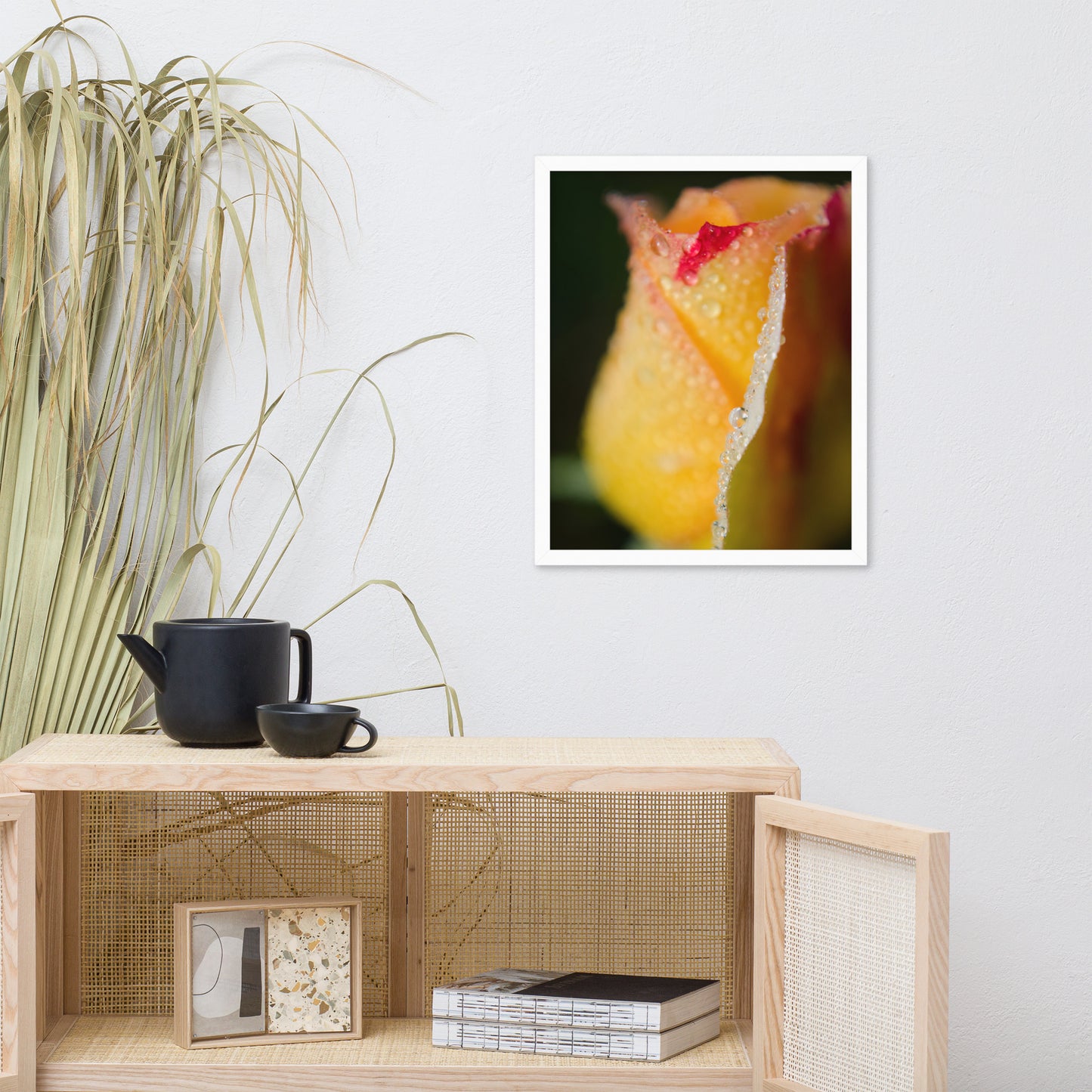Dew on Yellow Rose Floral Nature Photo Framed Wall Art Print