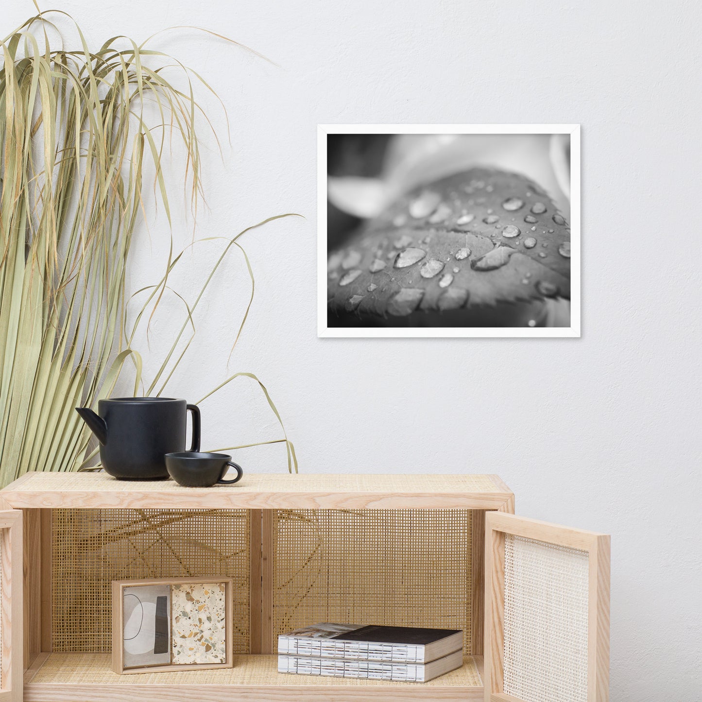 Dew on Leaf of Rose Plant Black and White Botanical Nature Photo Framed Wall Art Print