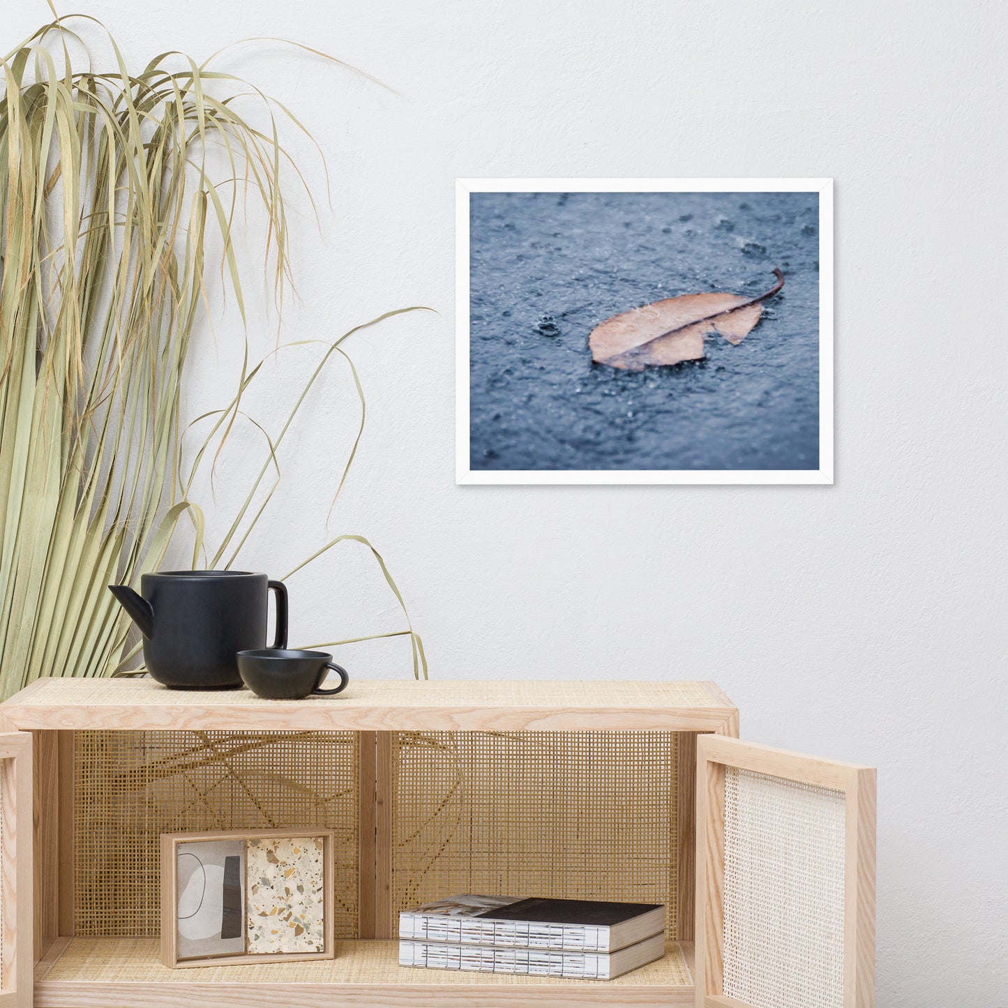 Fallen Leaf in The Rain Color Botanical Nature Photo Framed Wall Art Print