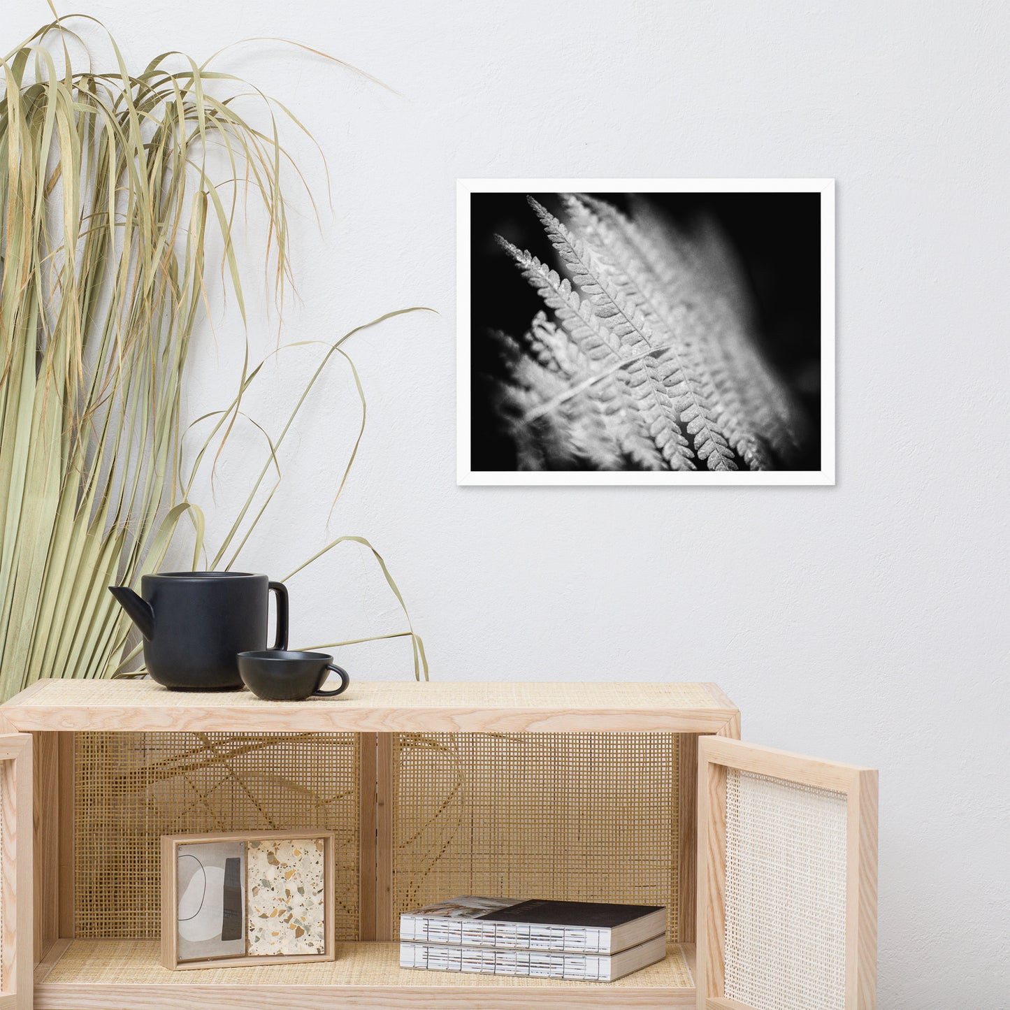 Fern Leaf in the Sunlight Black and White Botanical Nature Photo Framed Wall Art Print