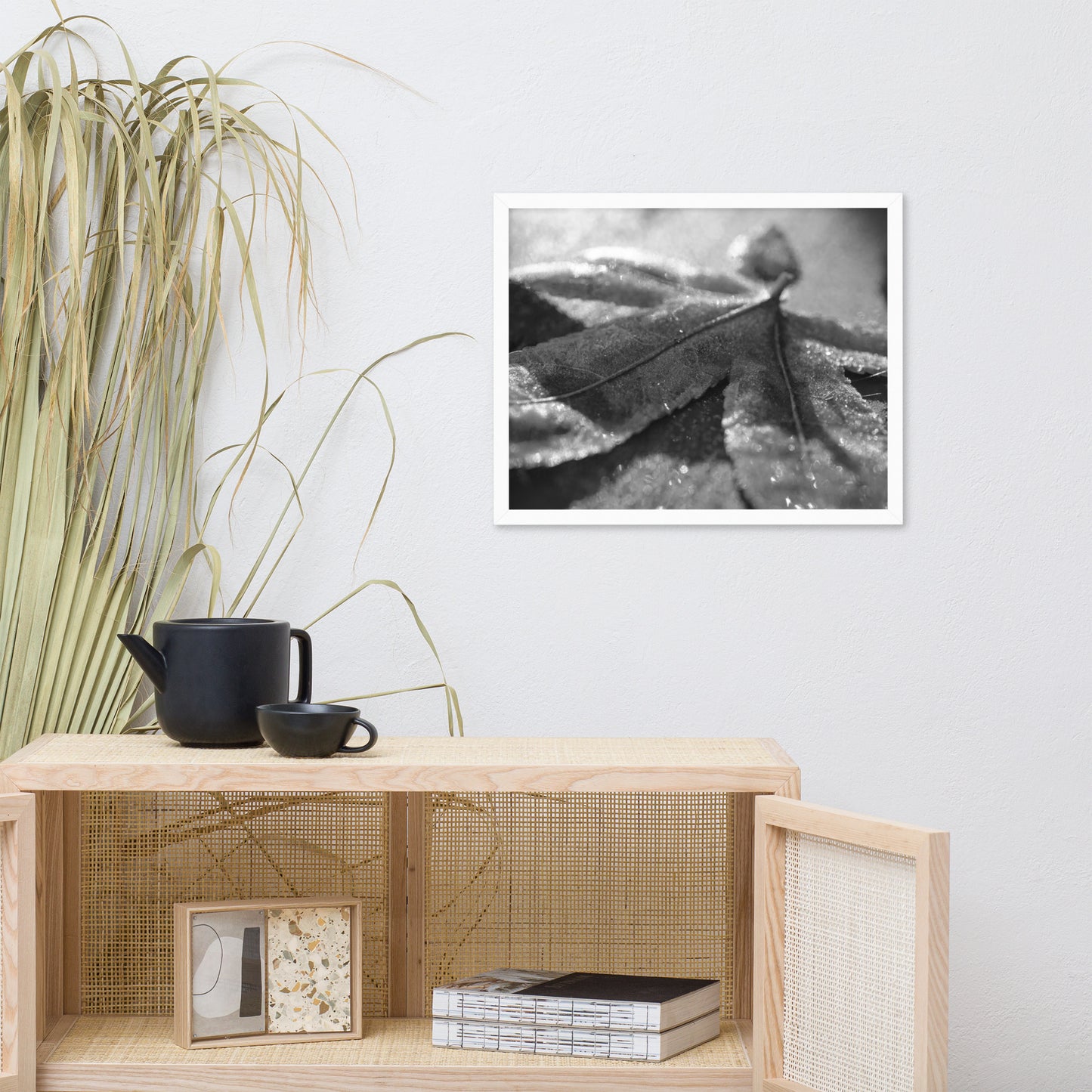 Frost Covered Leaf Black and White Botanical Nature Photo Framed Wall Art Print