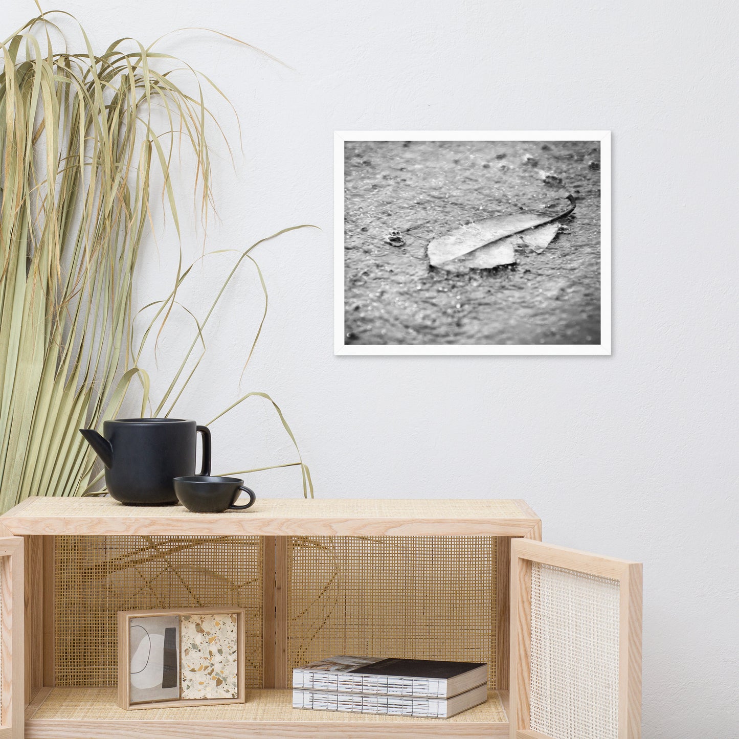 Fallen Leaf in The Rain Black and White Botanical Nature Photo Framed Wall Art Print