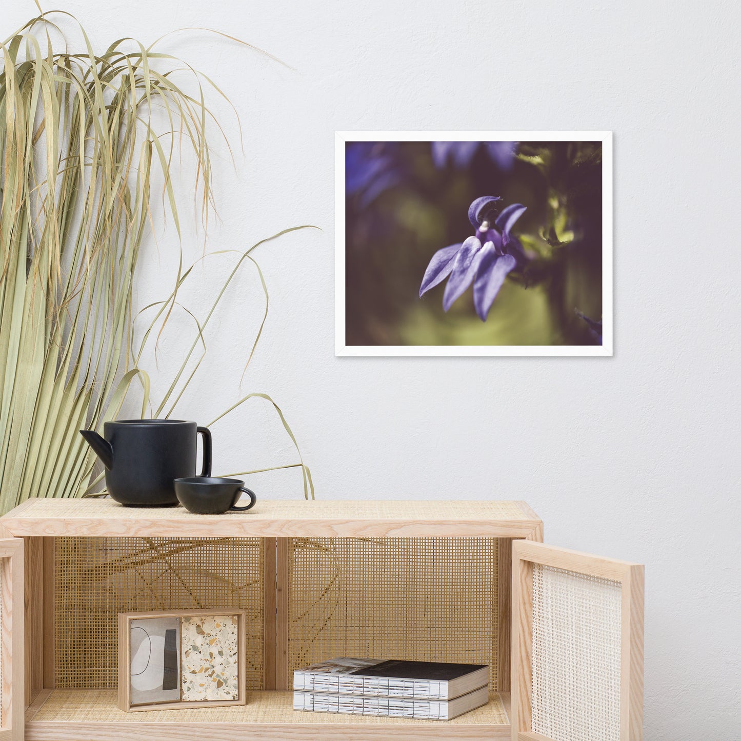 Dramatic Blue Lobelia, Blue Cardinal Flower - Abstract Merlot Effect Floral Nature Photo Framed Wall Art Print