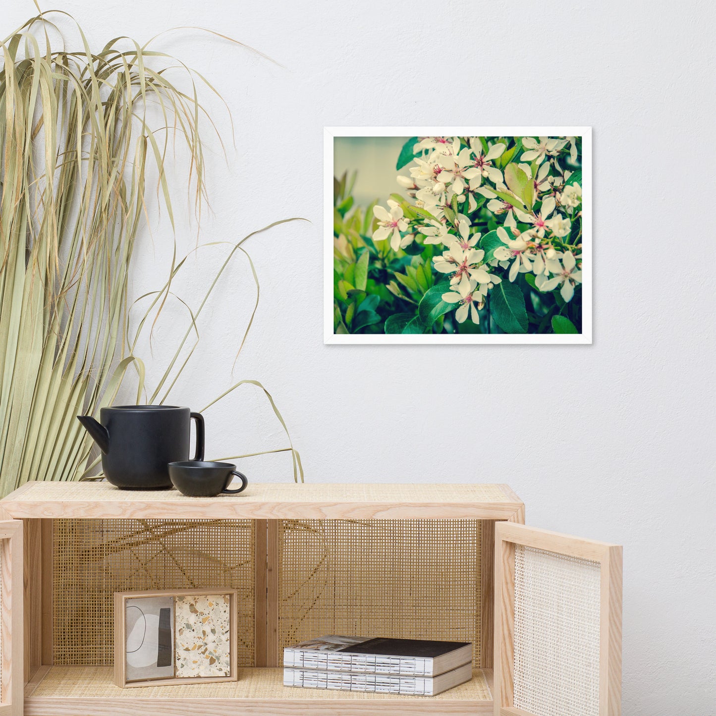 Indian Hawthorn Shrub in Bloom Colorized Floral Nature Photo Framed Wall Art Print