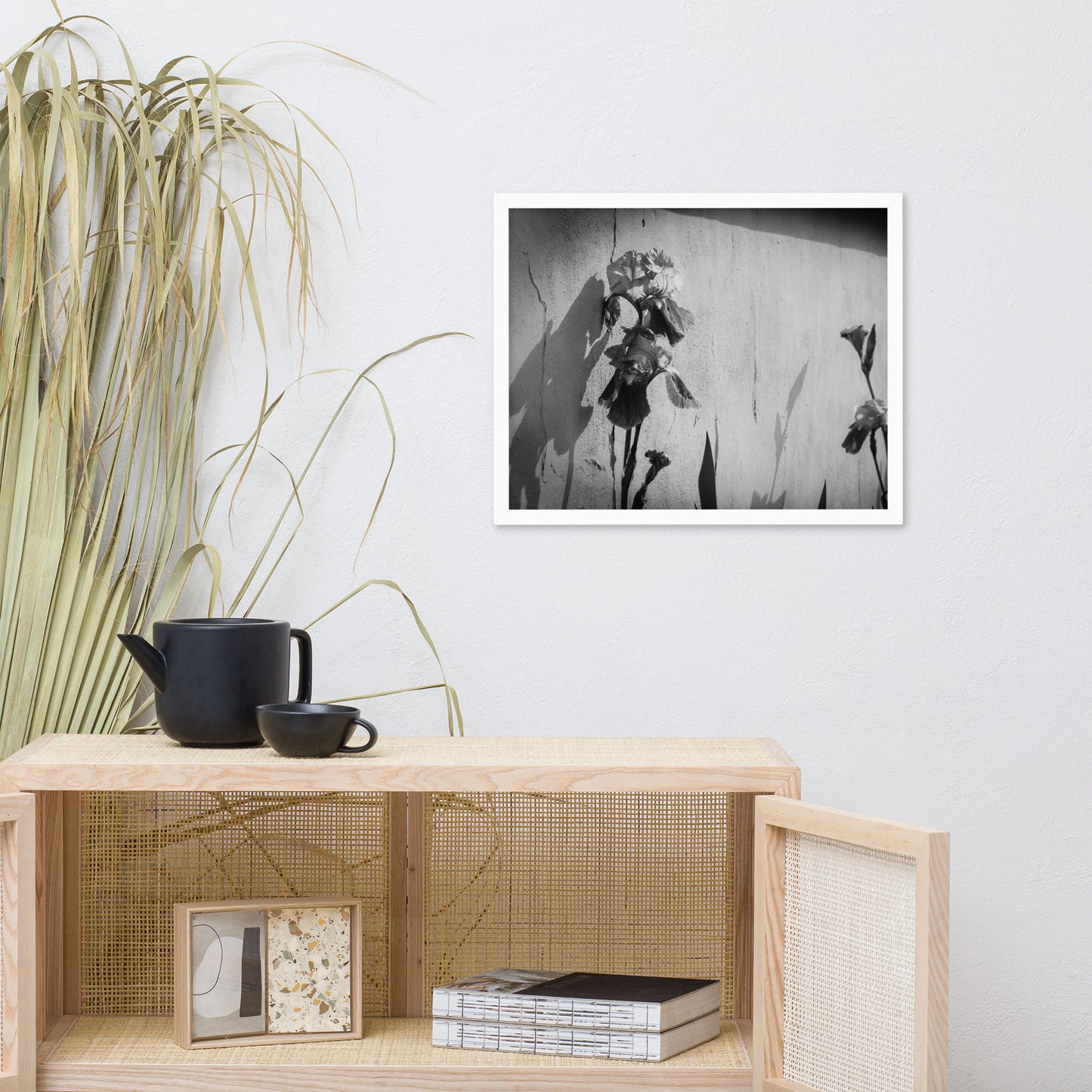 Iris on Wall Black and White Floral Nature Photo Framed Wall Art Print
