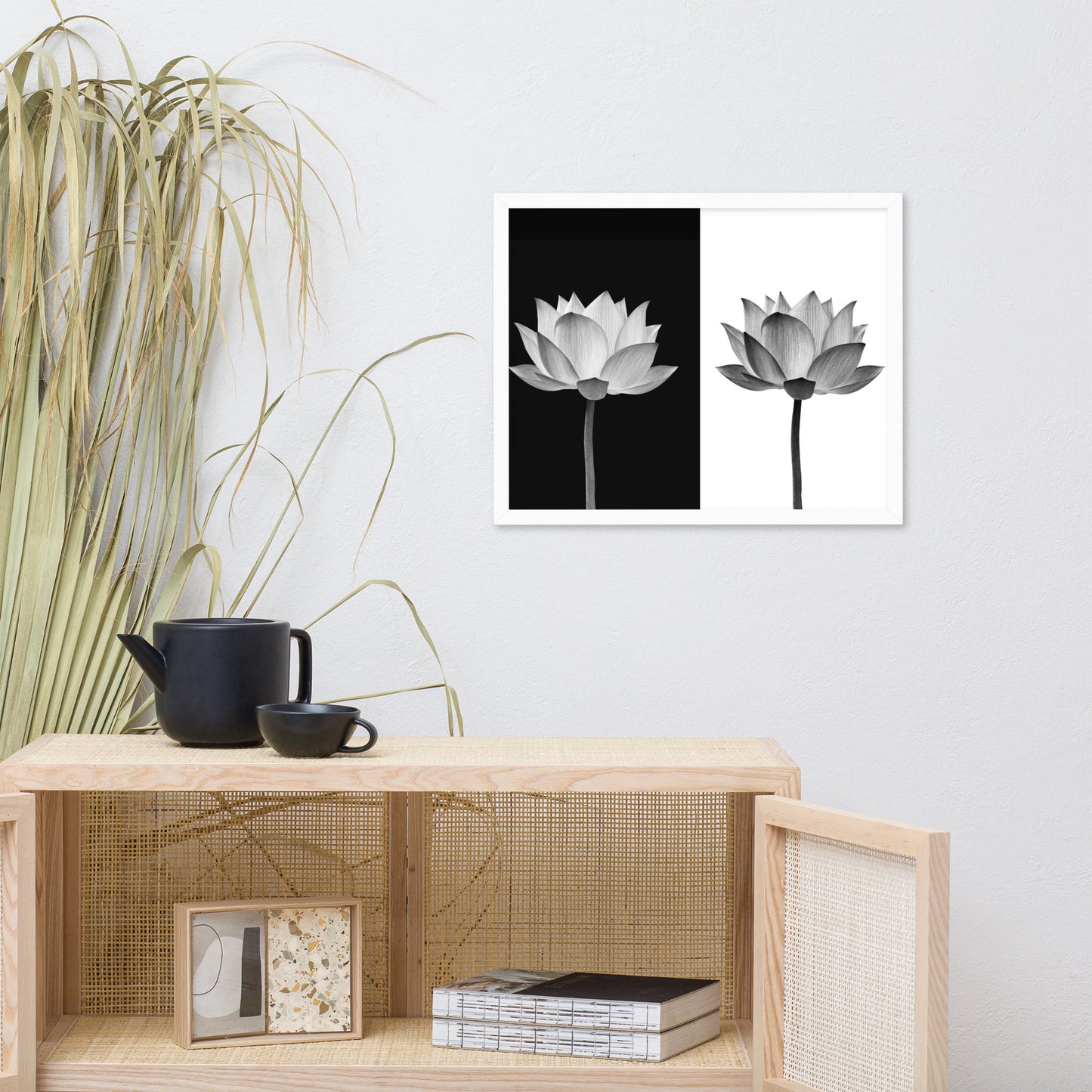 Lotus Flower on Black and White Background Floral Nature Framed Photo Paper Poster