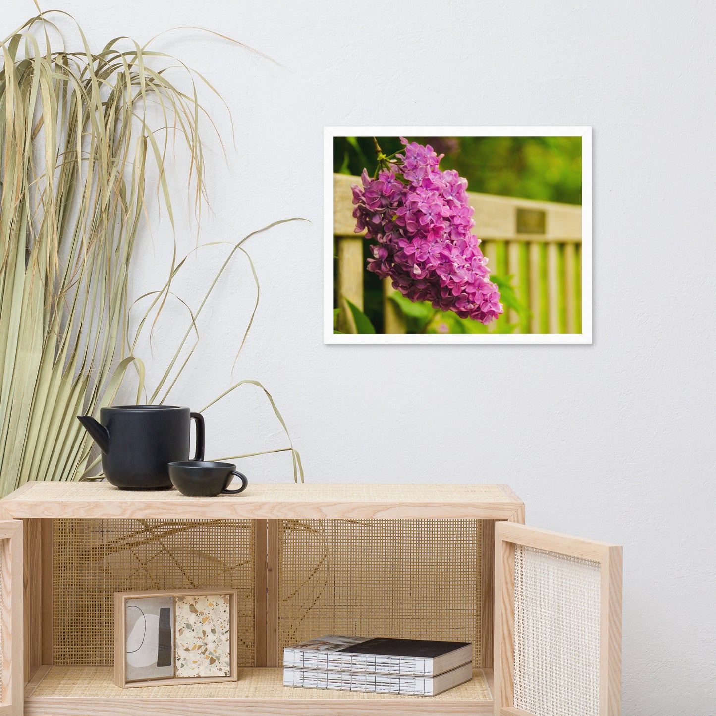 Park Bench with Lilac Floral Nature Photo Framed Wall Art Print