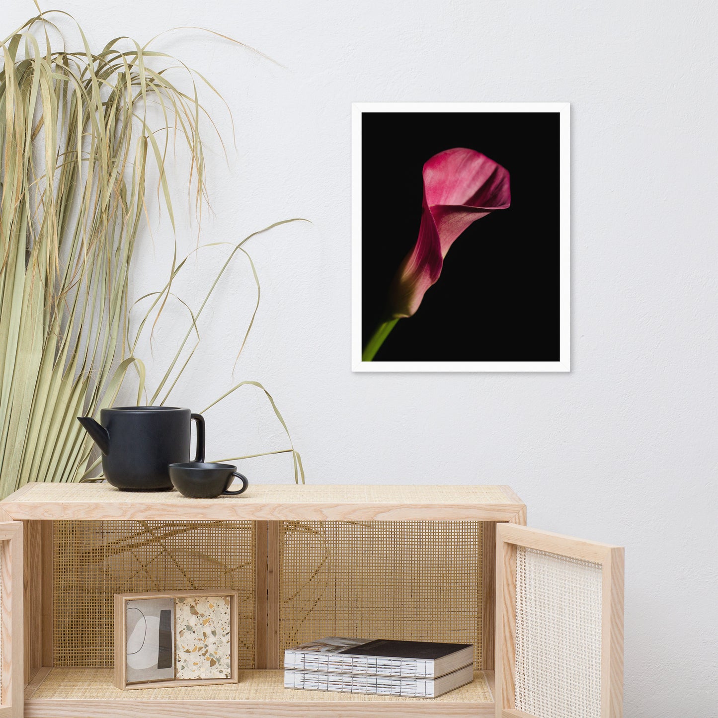 Pink Calla Lily Flower on Black Floral Nature Photo Framed Wall Art Print