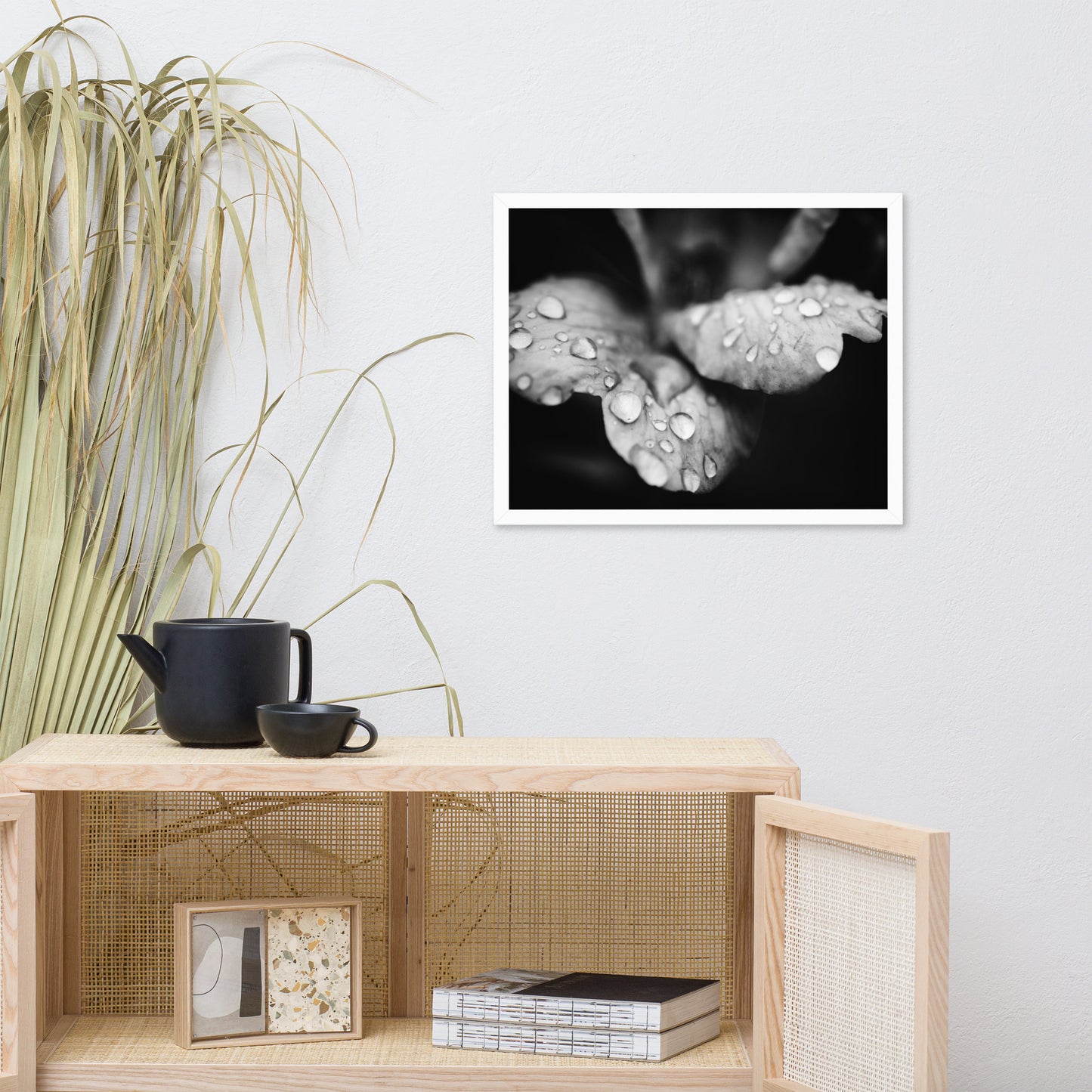 Raindrops on Wild Rose Black and White Floral Nature Photo Framed Wall Art Print