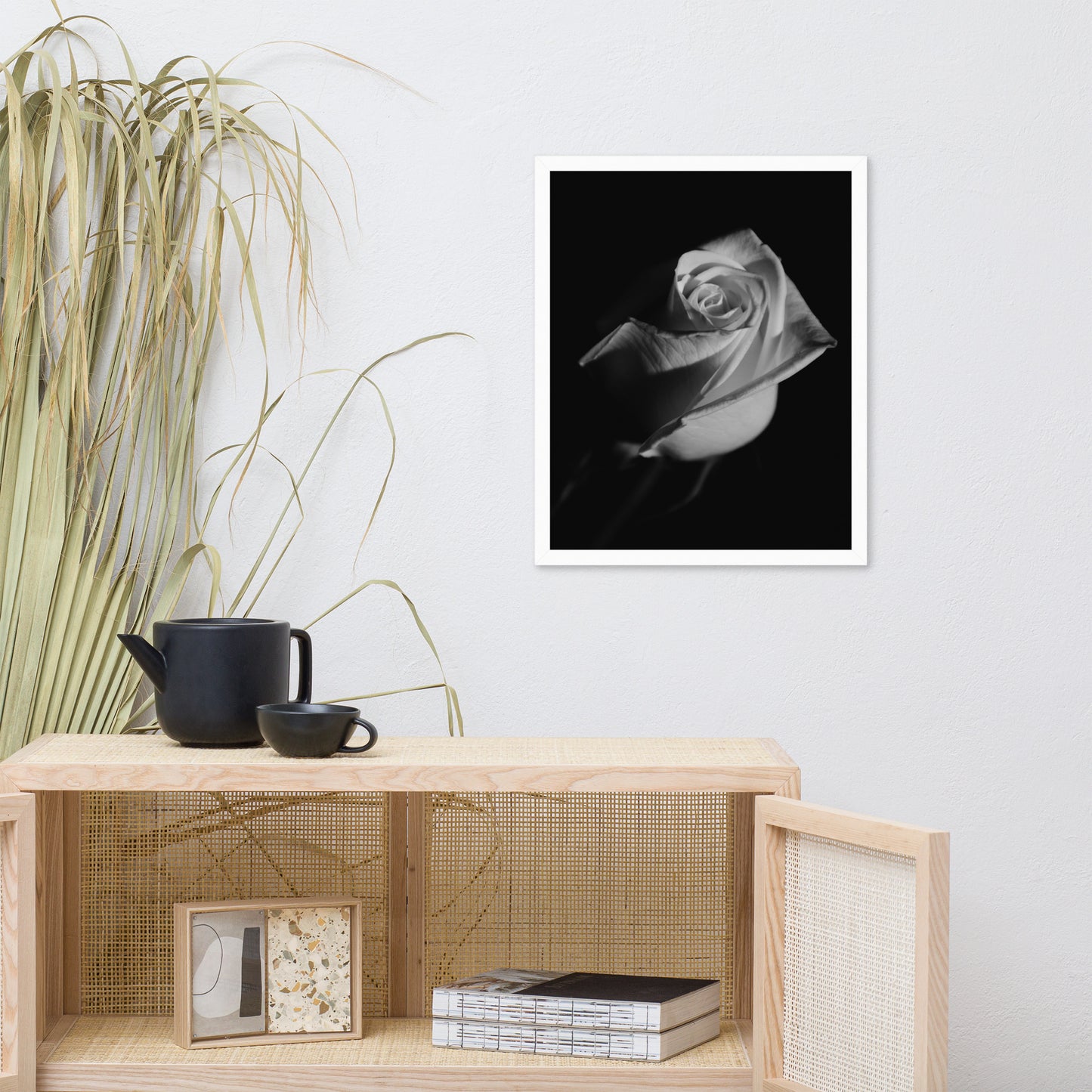 Rose on Black Black and White Floral Nature Photo Framed Wall Art Print