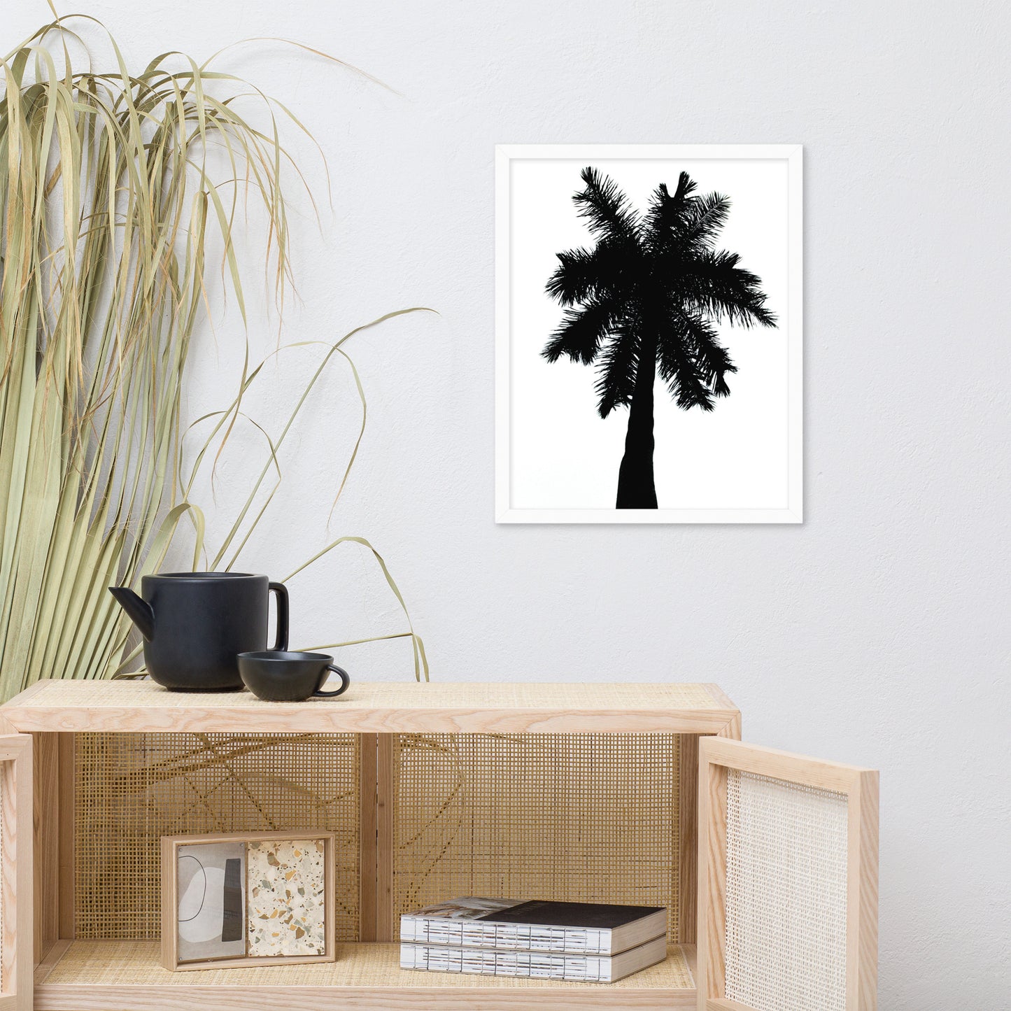 Palm Tree Silhouette on Pure White Botanical Nature Photo Framed Wall Art Print