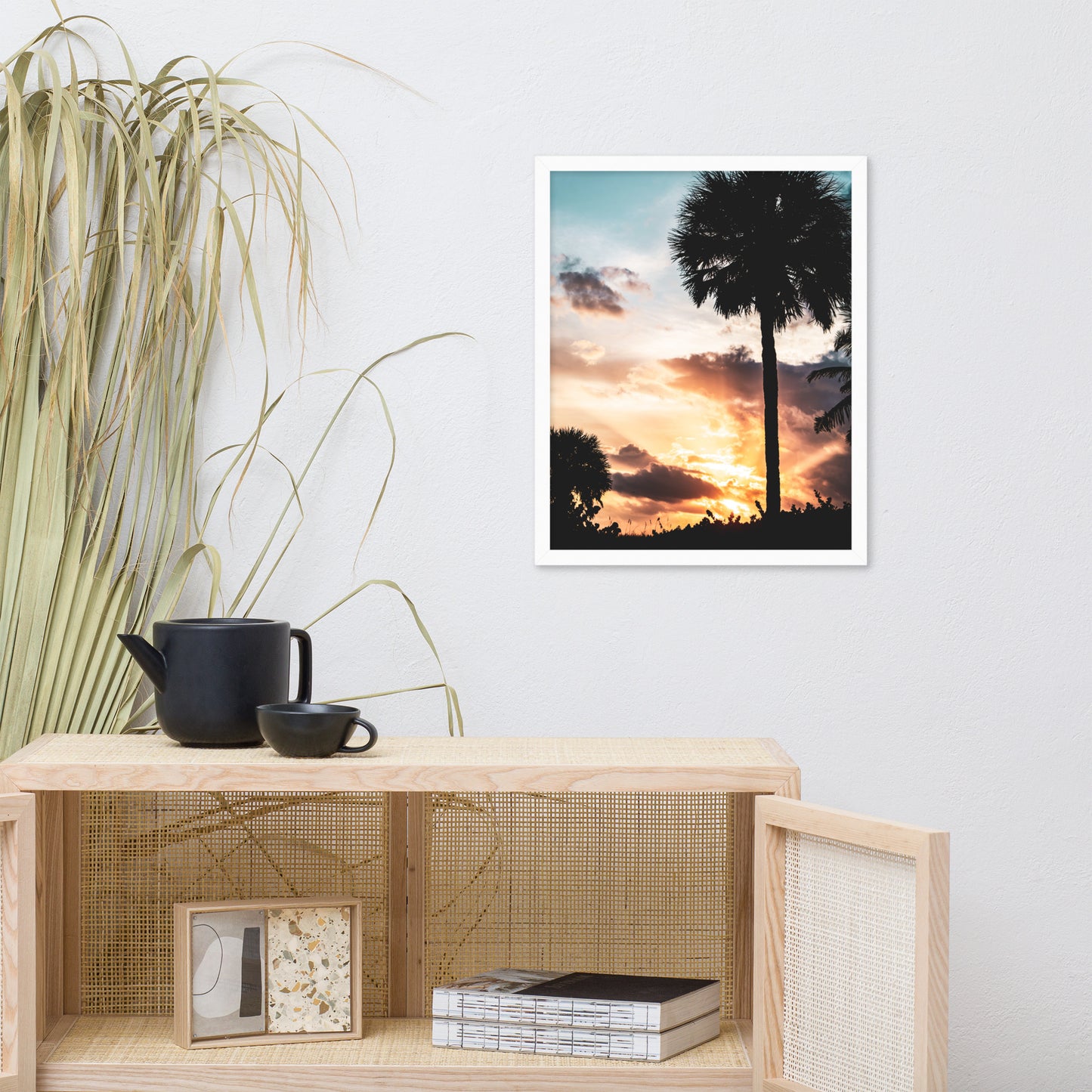 Palm Tree Silhouettes and Sunset Botanical Nature Photo Framed Wall Art Print