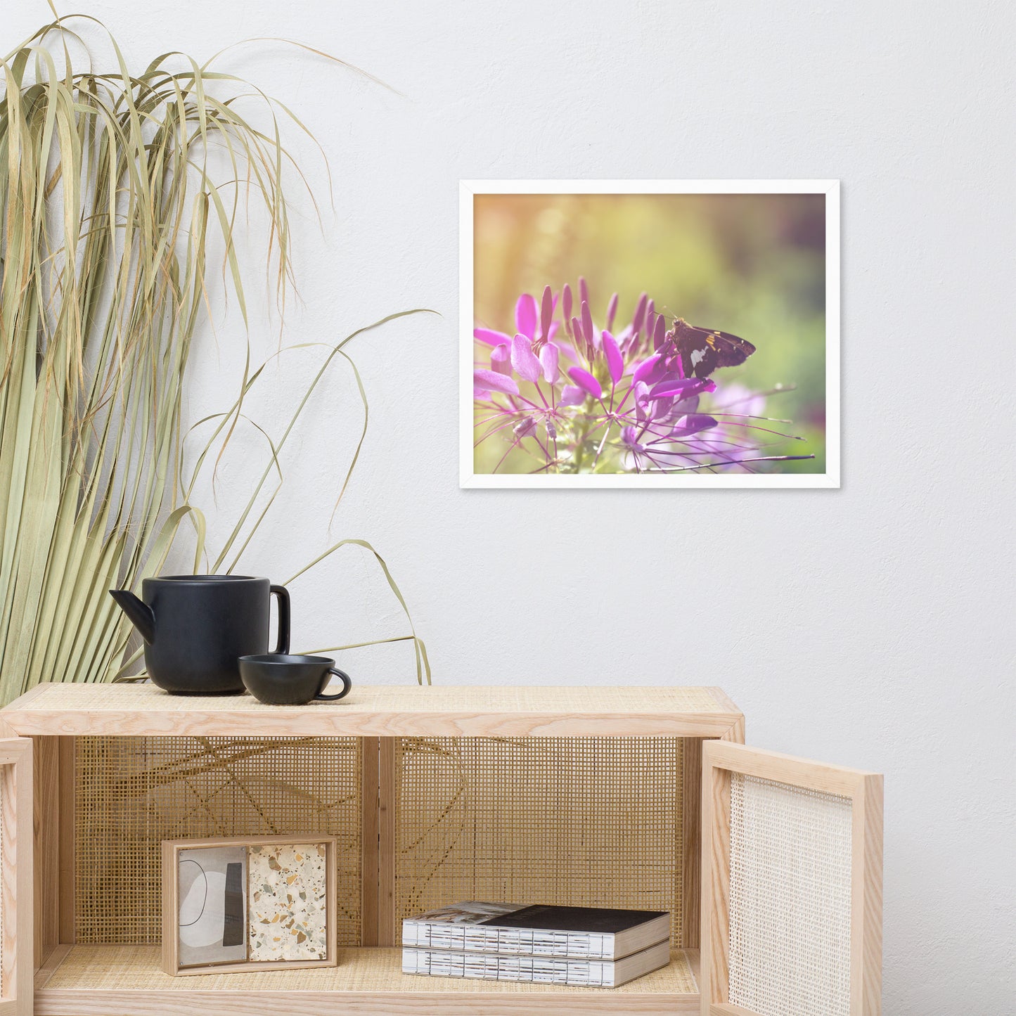 Spider Flower in Glory Light with Spotted Moth Floral Nature Photo Framed Wall Art Print