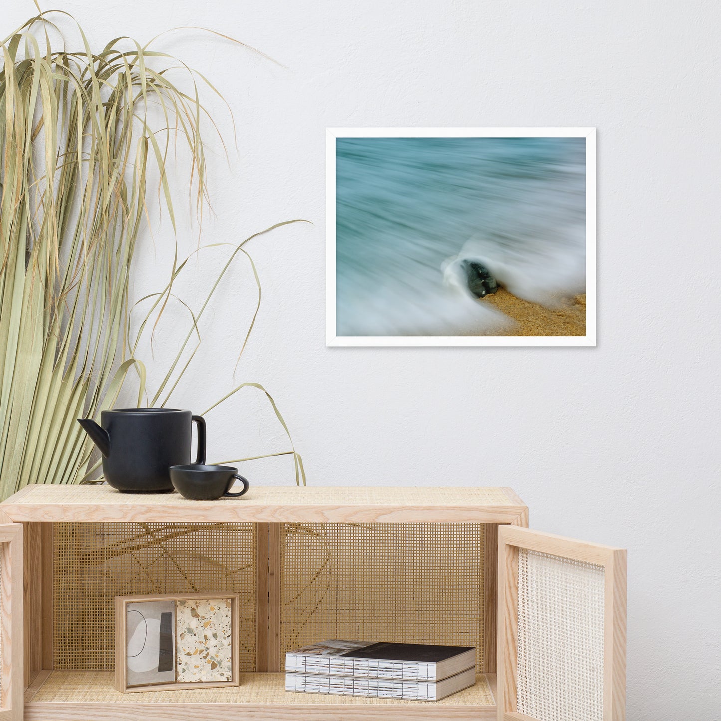 Whelk Seashell and Misty Wave Coastal Nature Photo Framed Wall Art Print