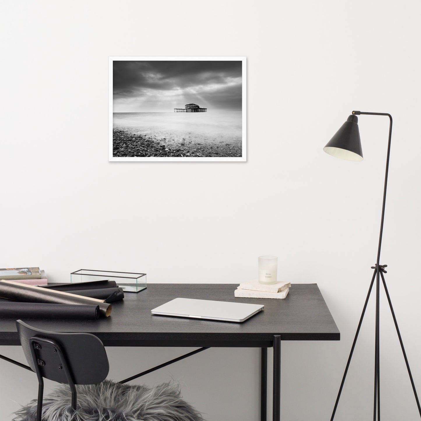 Calming Wall Art For Office: Abandoned West Pier Coastal Seascape Landscape Black and White Photograph Framed Wall Art Print