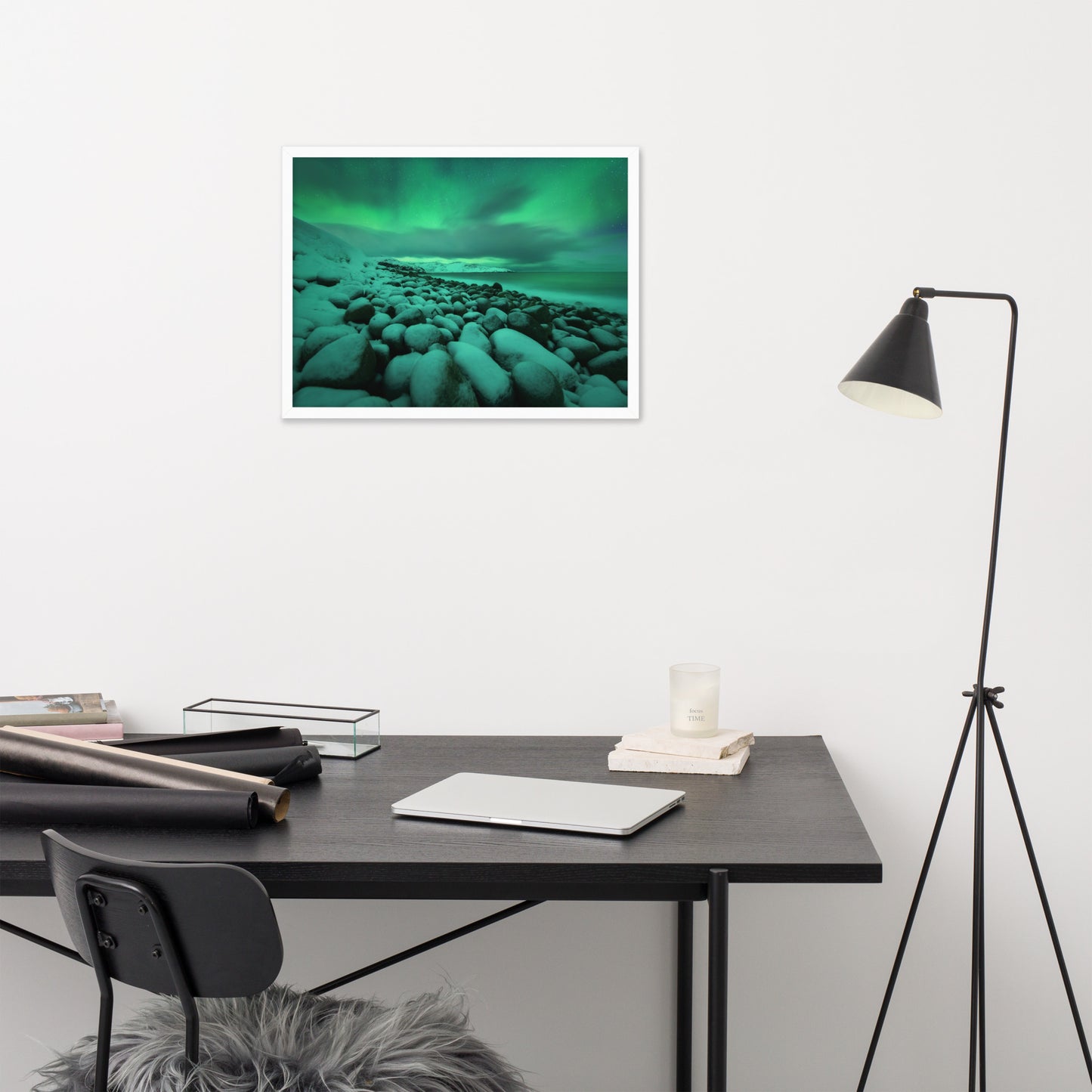 Workout Room Wall Decor: Aurora Borealis Over Ocean in Teriberka Night - Coastal / Beach / Seascape / Nature / Landscape Photo Framed Wall Art Print - Artwork