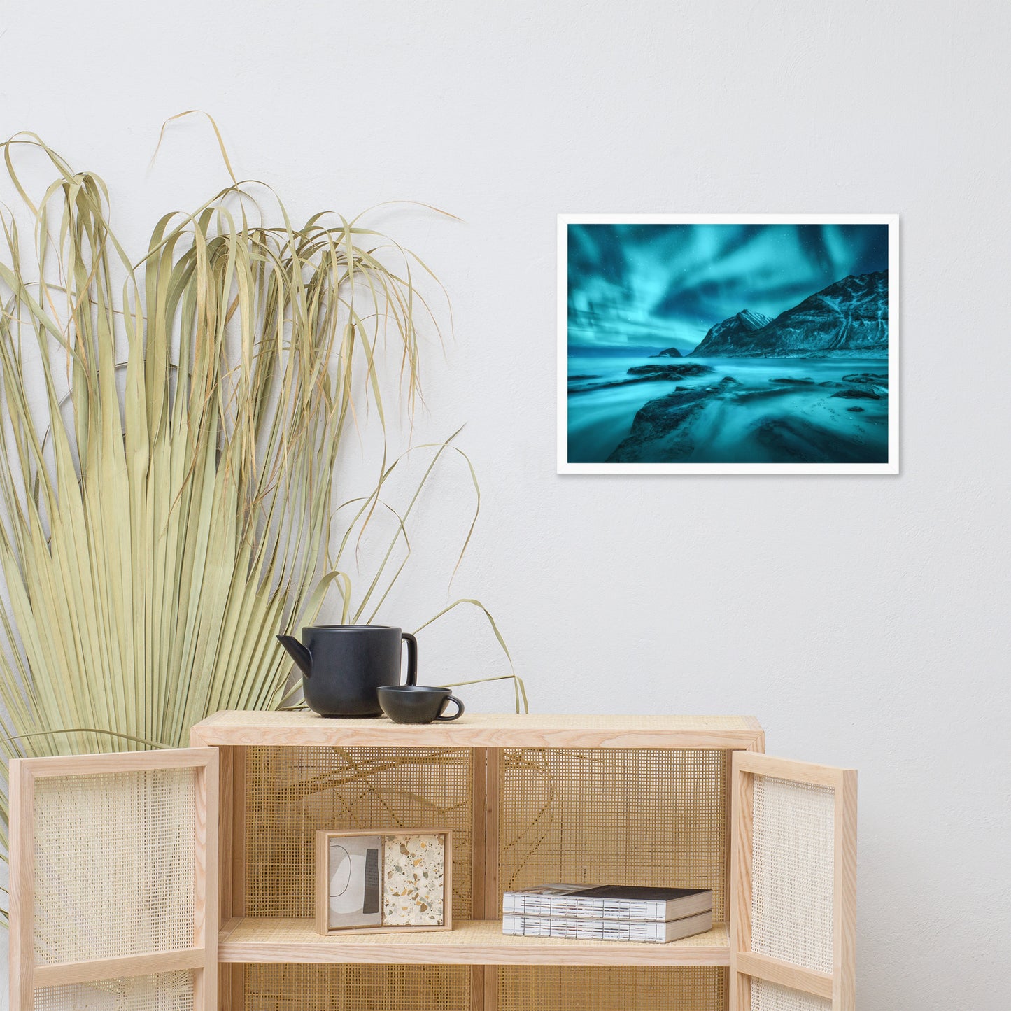 Blue Northern Lights and Mountain Coast Framed Wall Art Prints