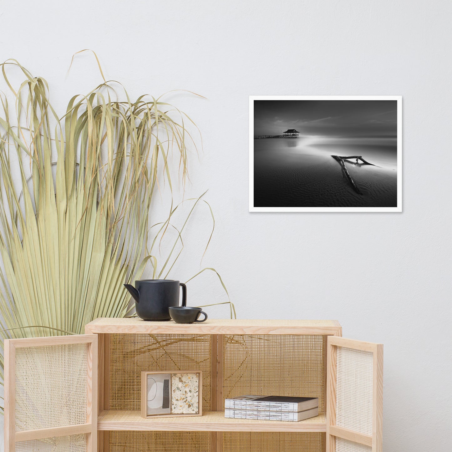 Dramatic Beach with Driftwood Black and White Framed Wall Art Prints