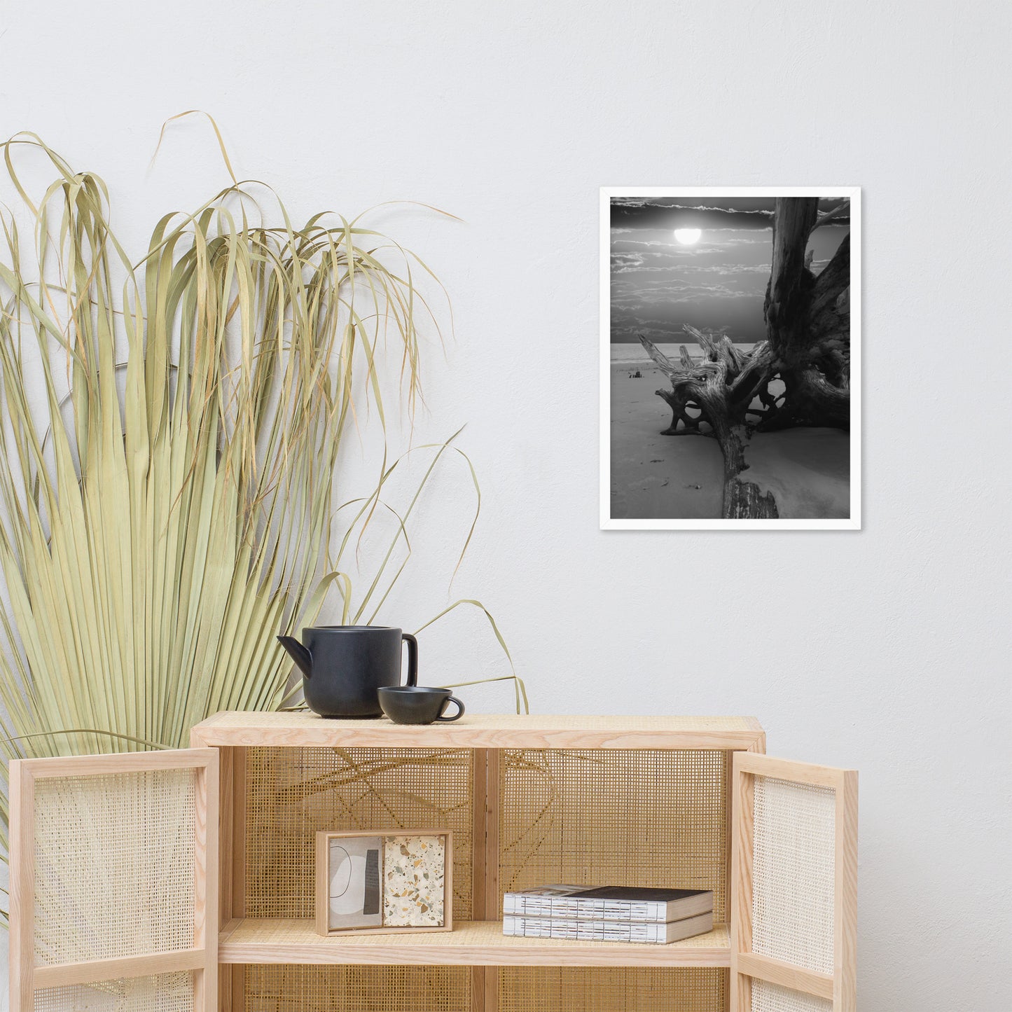 Dried Tree Roots and Sunrise 2 Black and White Landscape Photo Framed Wall Art Print