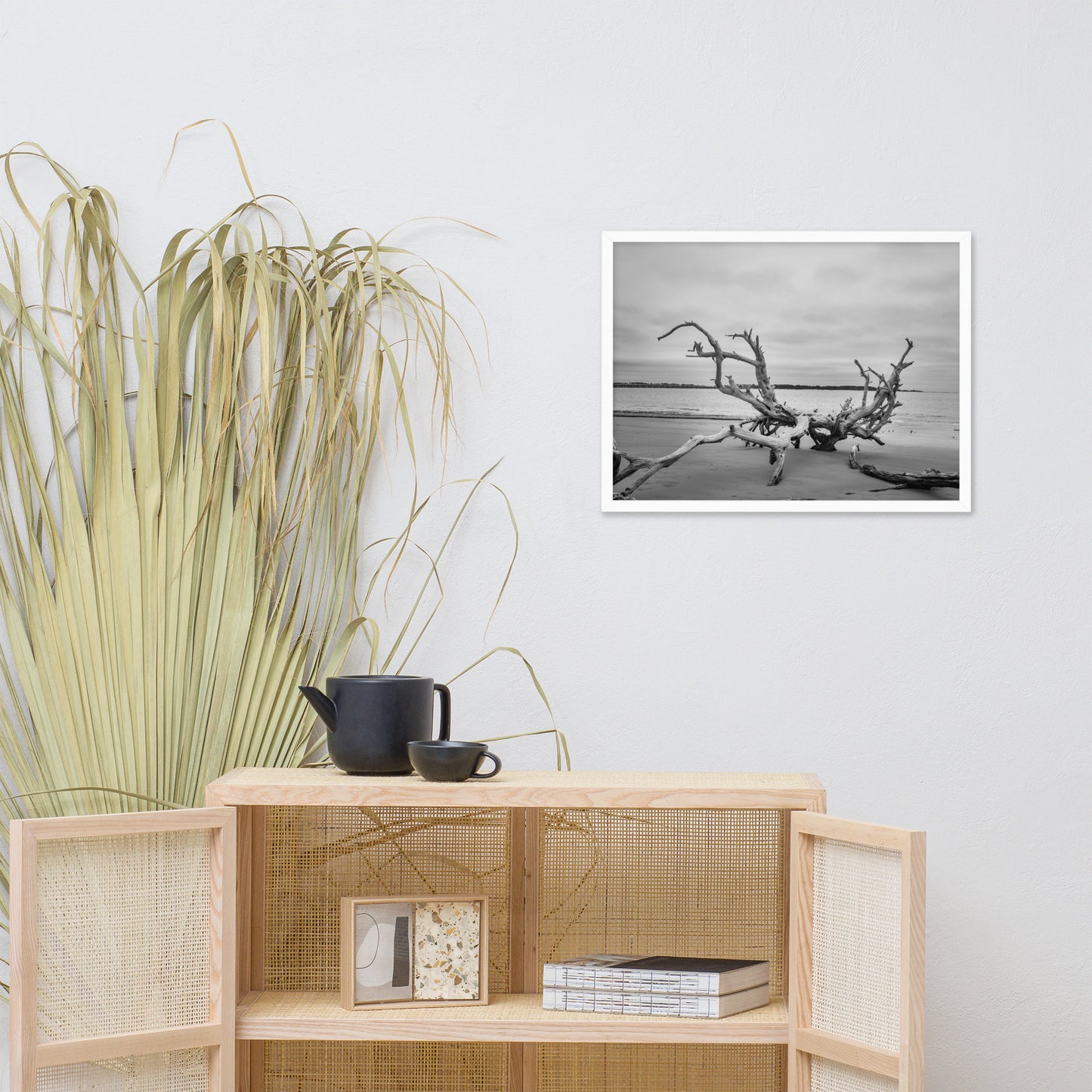 Driftwood on Boneyard Beach Florida 3 Black and White Rustic Coastal Landscape Photo Framed Wall Art Print