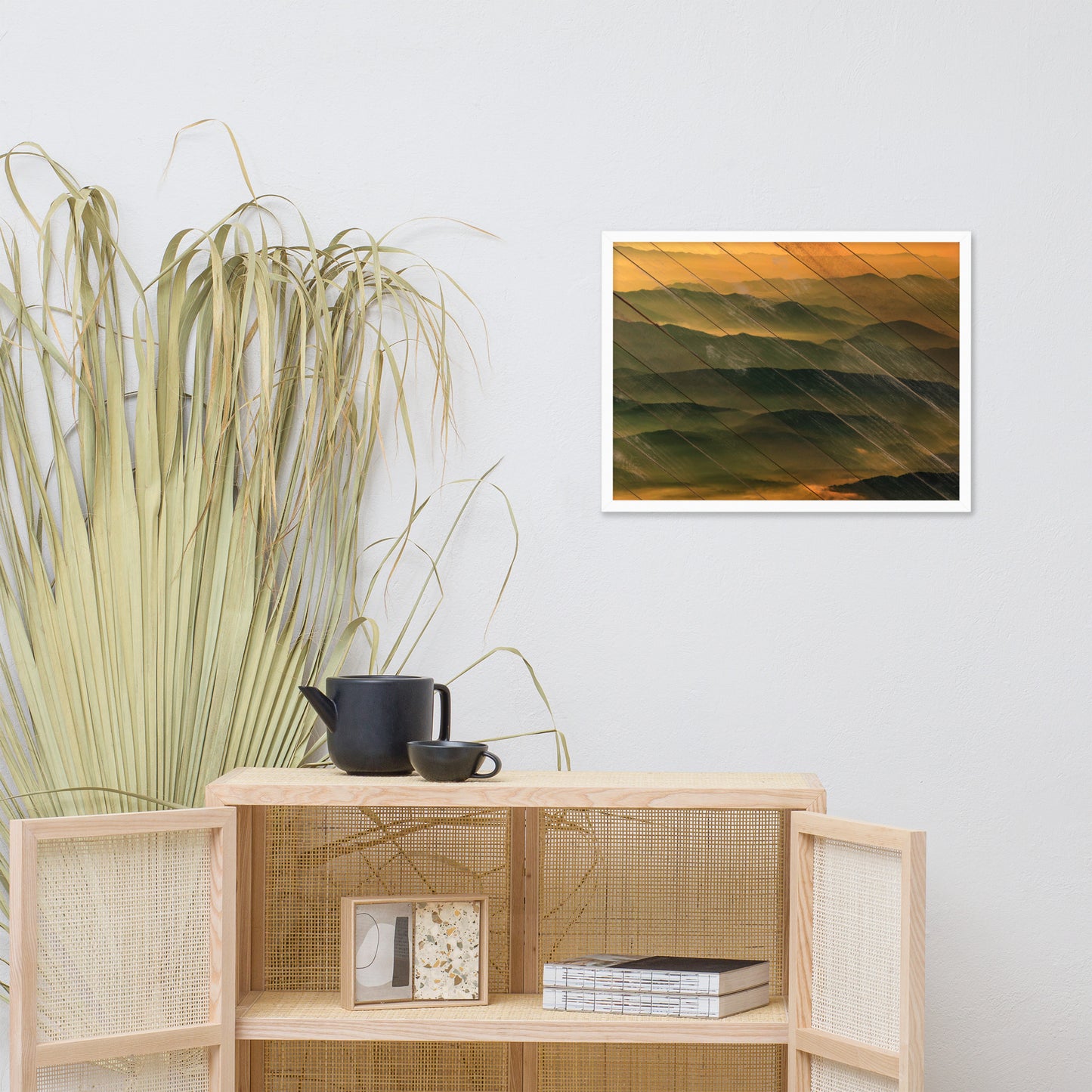 Faux Wood Foggy Mountain Layers at Sunset Landscape Framed Photo Paper Wall Art Prints