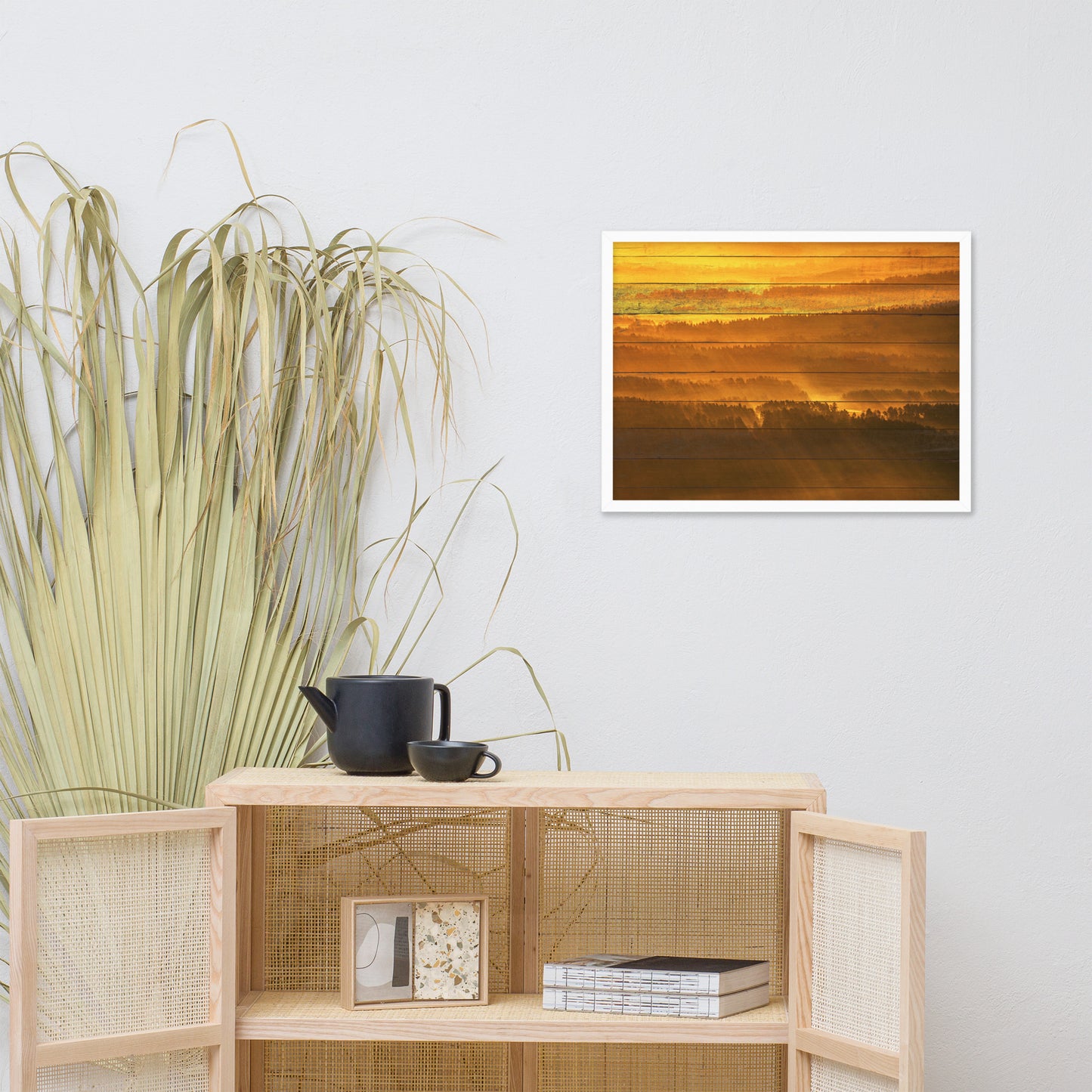 Faux Wood Golden Mist Valley - Hills & Mountain Range Framed Photo Wall Art Prints
