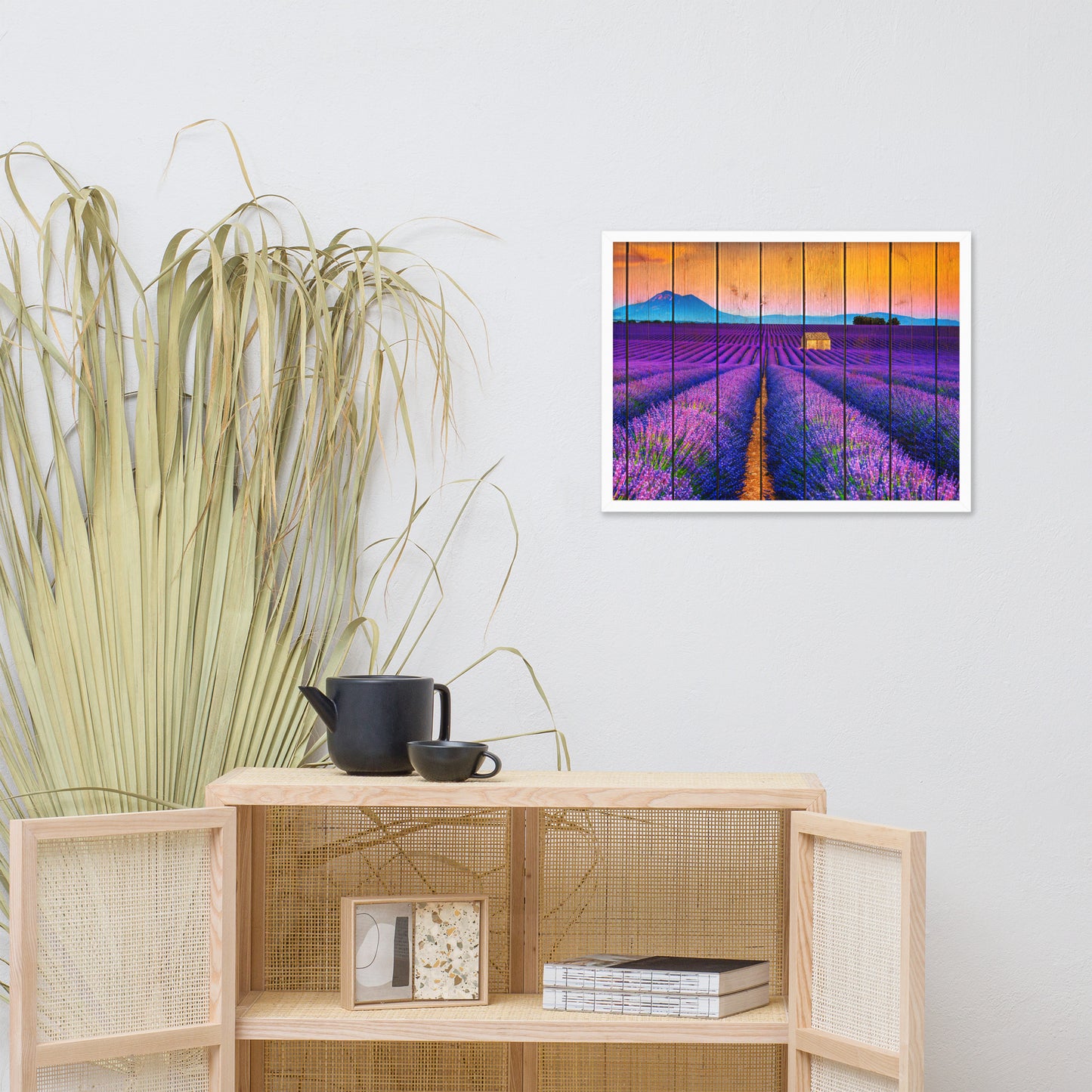 Faux Wood Lavender Fields and Sunset Landscape Framed Photo Paper Wall Art Prints