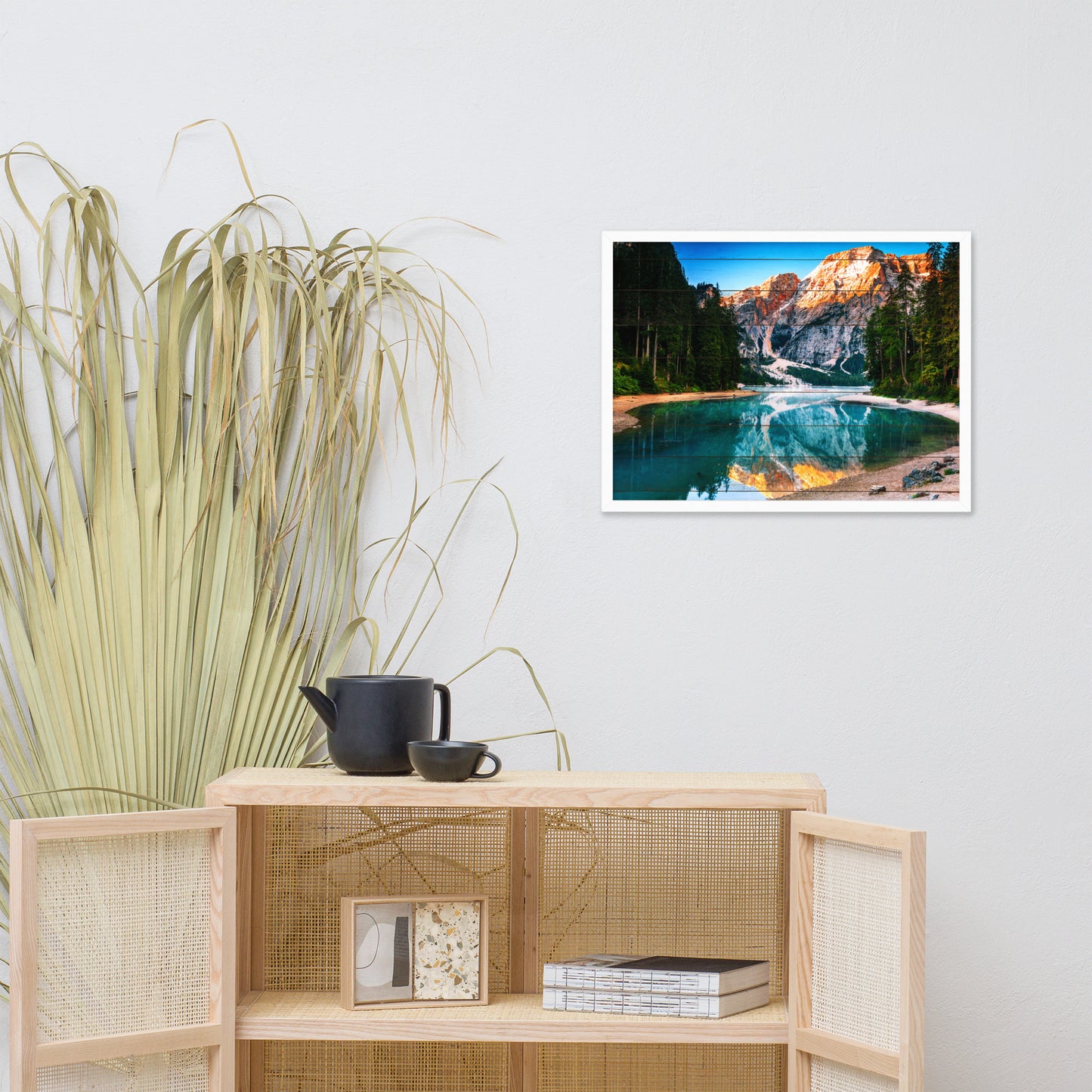 Faux Wood Misty Lake and Snowcap Mountain Reflections Framed Photo Paper Wall Art Prints