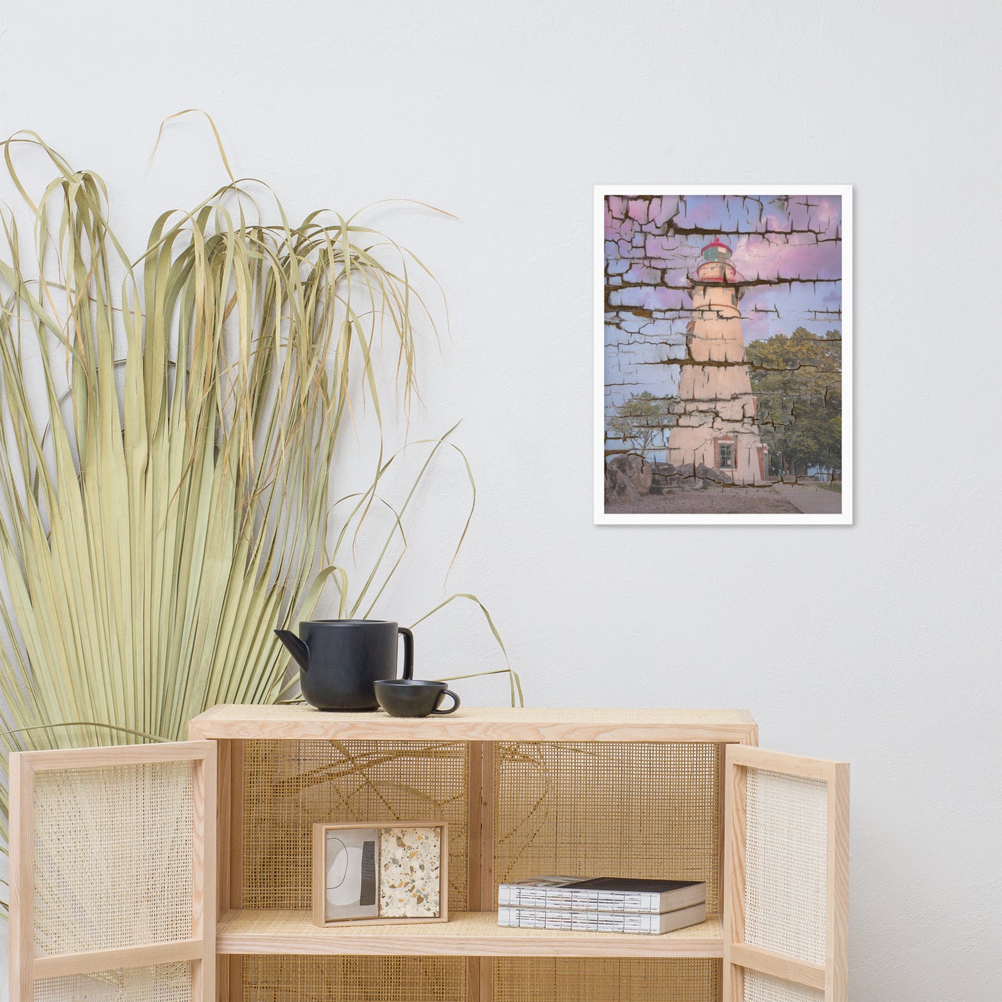 Faux Wood Texture Marblehead Lighthouse at Sunset Framed Photo Paper Wall Art Prints