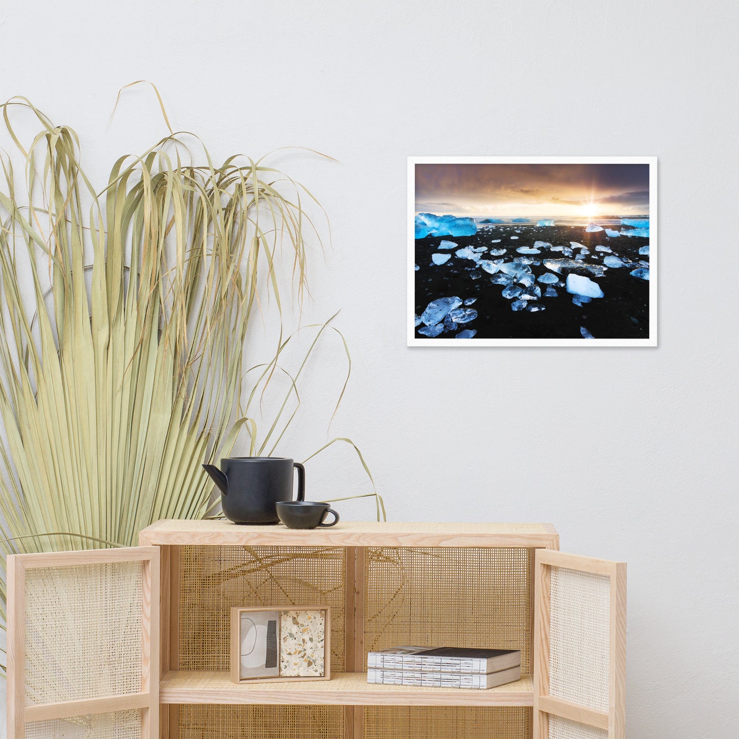 Fire and Ice Black Sand Sunset Coastal Landscape Framed Photo Paper Wall Art Prints