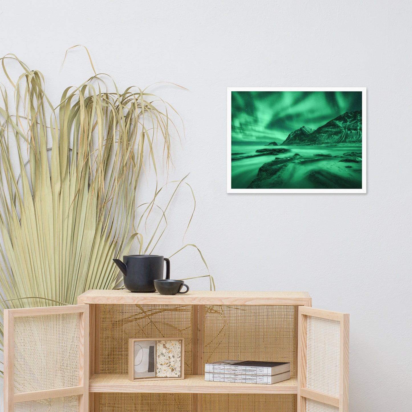 Green Northern Lights and Mountain Coast Framed Wall Art Prints