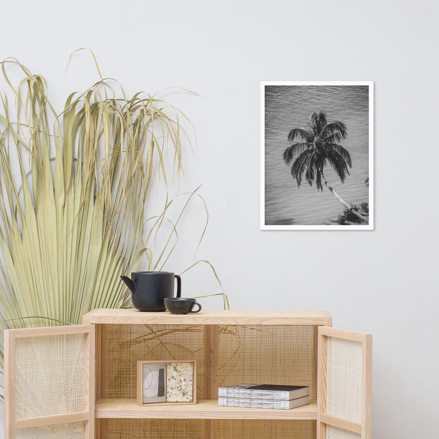 Palm Over Water Black and White Botanical Nature Photo Framed Wall Art Print
