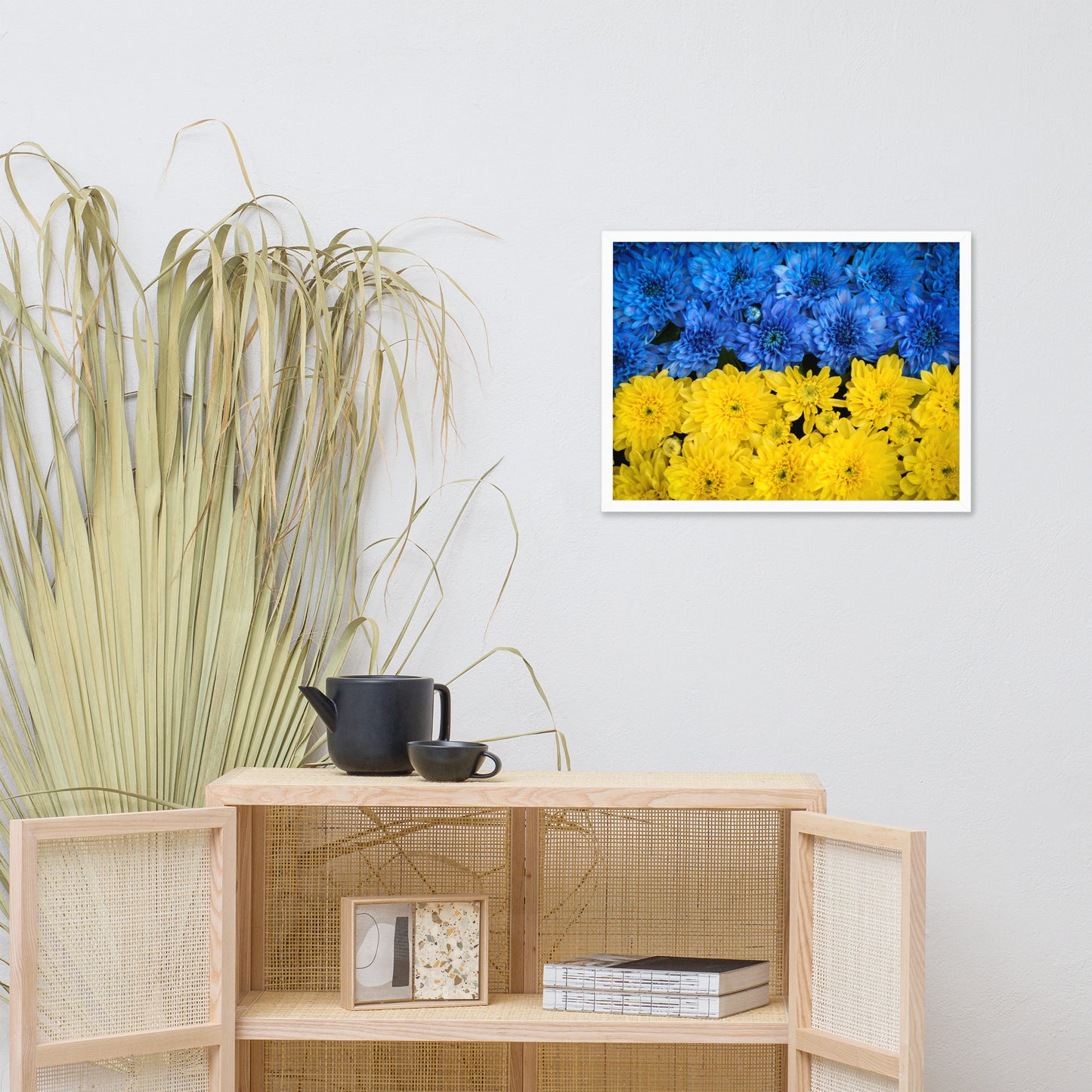 Blue and Yellow Chrysanthemums For Ukraine Refugees Nature Photo Framed Wall Art Print