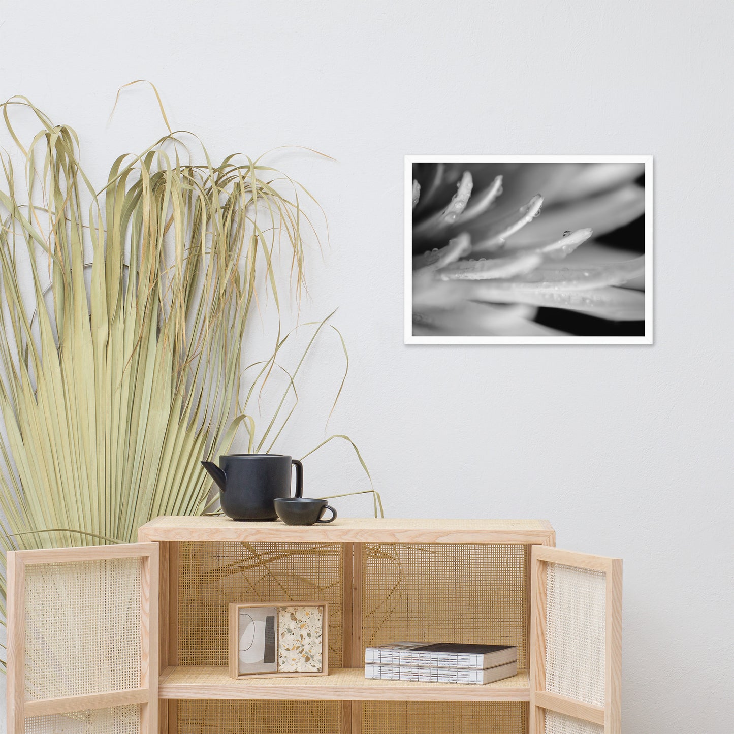 Droplets on Petals Black and White Floral Nature Photo Framed Wall Art Print