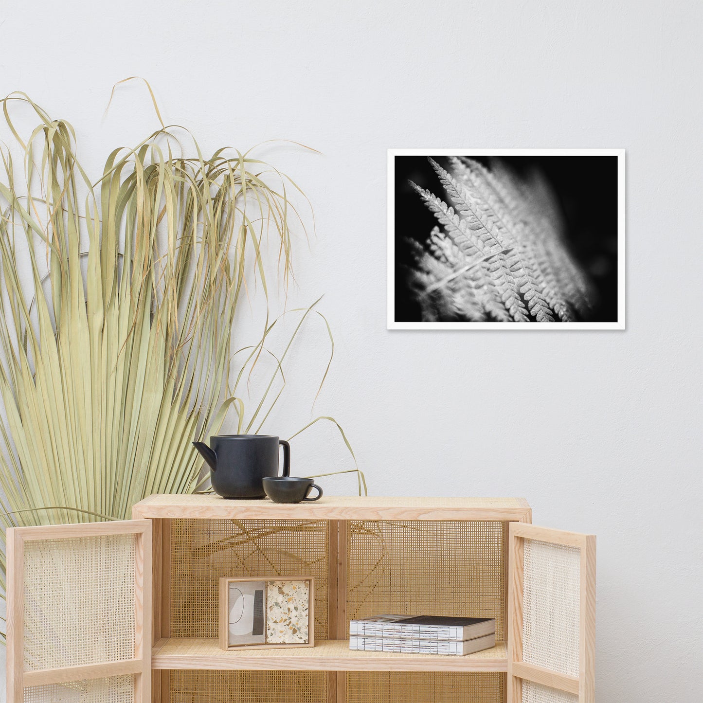 Fern Leaf in the Sunlight Black and White Botanical Nature Photo Framed Wall Art Print